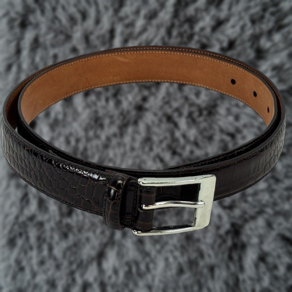 Vintage Trafalgar Wilson Italian Calfskin Leather Belt 40 Burgundy Croc Embossed Dress Belt Men Adjustable Buckle Size 40 - 1 Thumbnail