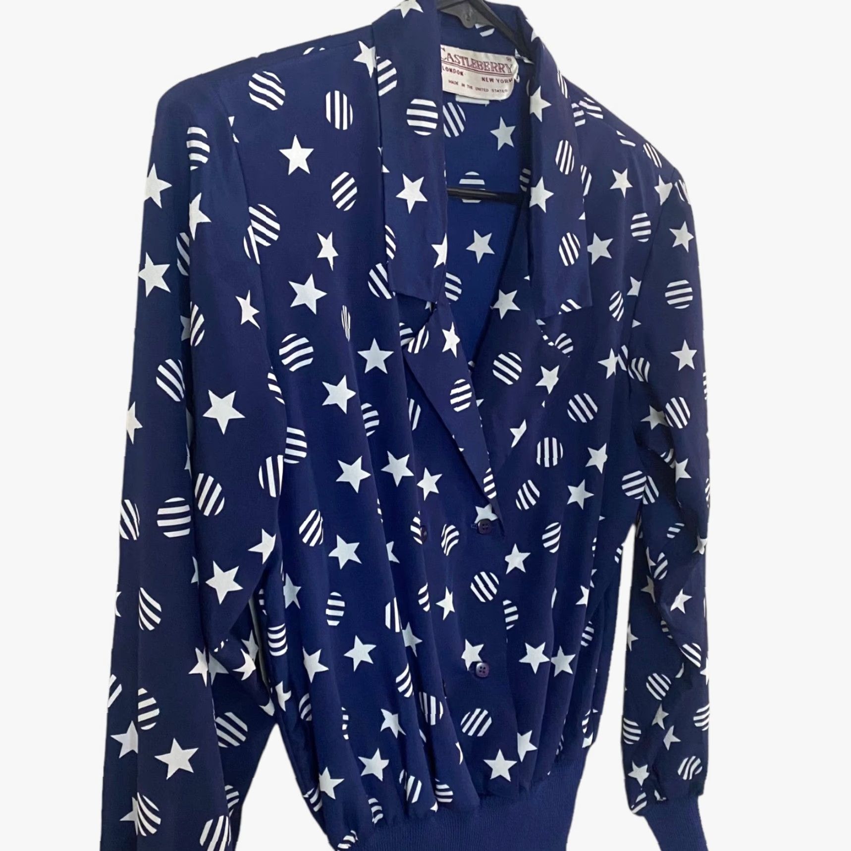Doublet VINTAGE Castleberry Blouse Double Breasted Blue Star Print Long Sleeve Women Size 4 Shoulder Pads 80s Patriotic USA Made Size S / US 4 / IT 40 - 4 Thumbnail