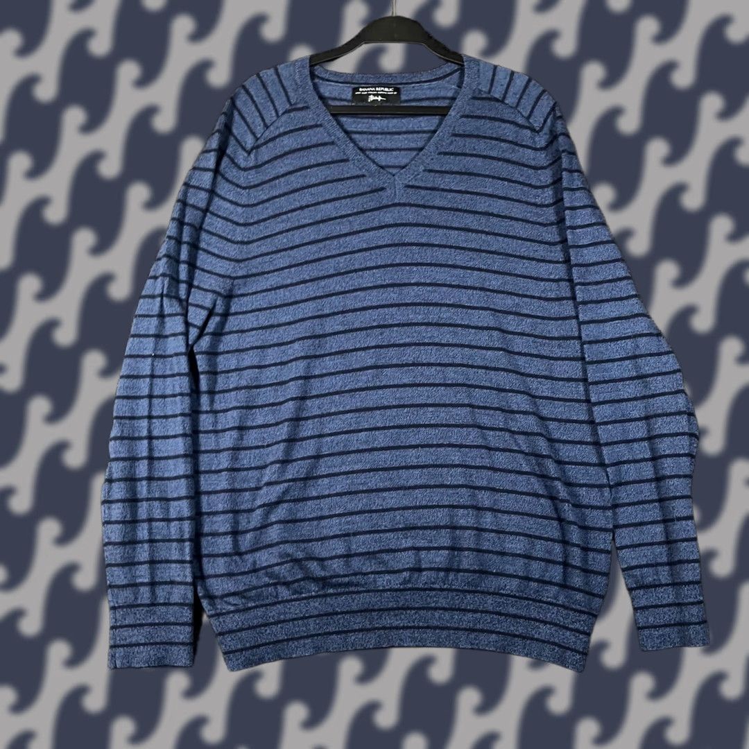 Banana Republic Banana Republic Baruffa Blue Striped Italian Merino Wool V-Neck Sweater Mens XL Size US XL / EU 56 / 4 - 1 Thumbnail