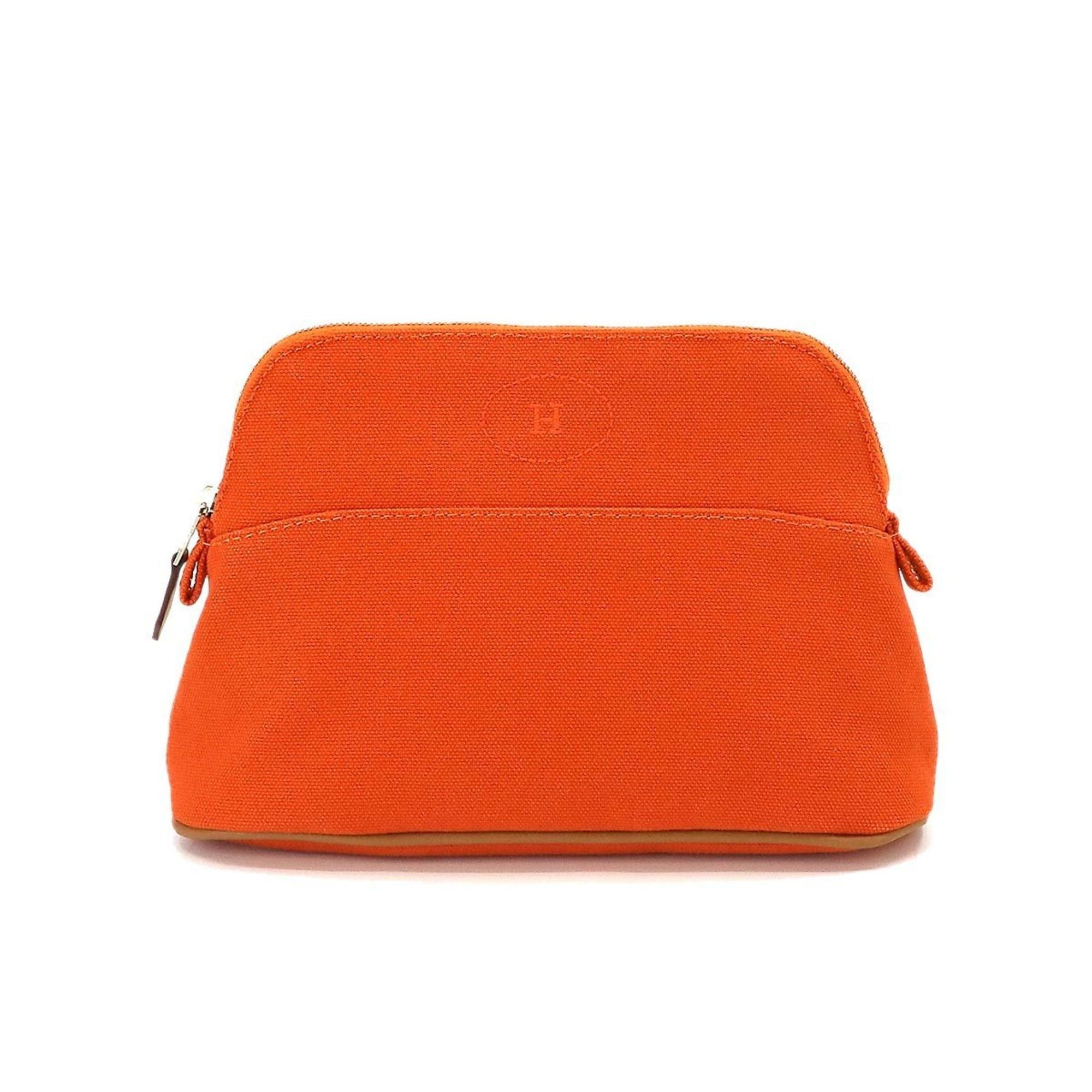 image of Hermes Bolide Pouch Cotton Canvas Leather Orange Silver Hardware, Women's