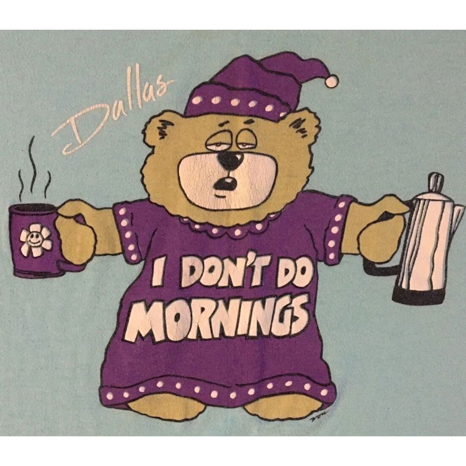 Vintage VINTAGE Dallas I Don’t Do Mornings Sleeping Shirt USA Funny Bear Animal Art 90s T-Shirt Unisex Adults One Size Green Mens Womens Boys Girls Size US M / EU 48-50 / 2 - 2 Thumbnail