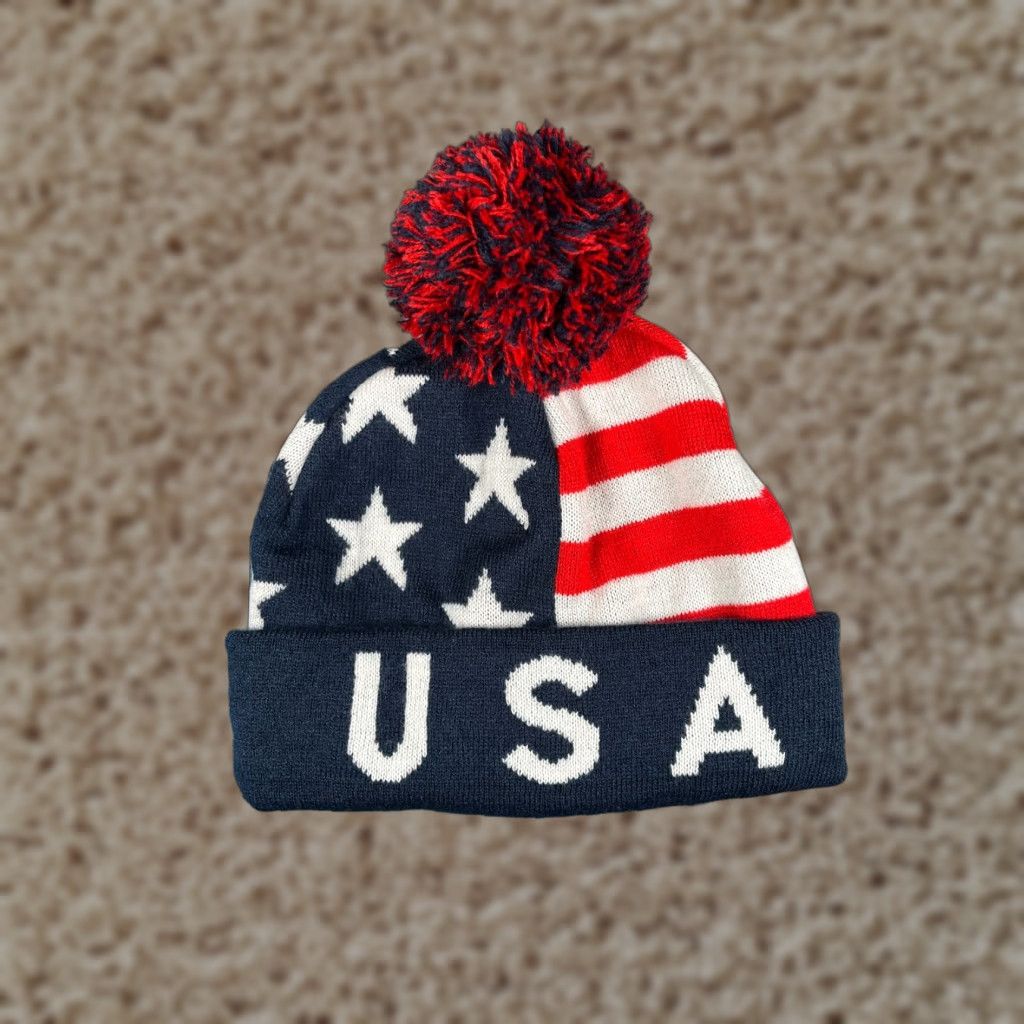Vintage American Eagle USA Flag Beanie Adult Blue Red White Knit 100% Acrylic Pom Unisex Mens Womens Size ONE SIZE - 1 Thumbnail