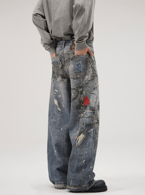 Japanese Brand × Jean Blue washed distressed ink-splatter tie-dye straight jeans Size US 32 / EU 48 - 2 Thumbnail