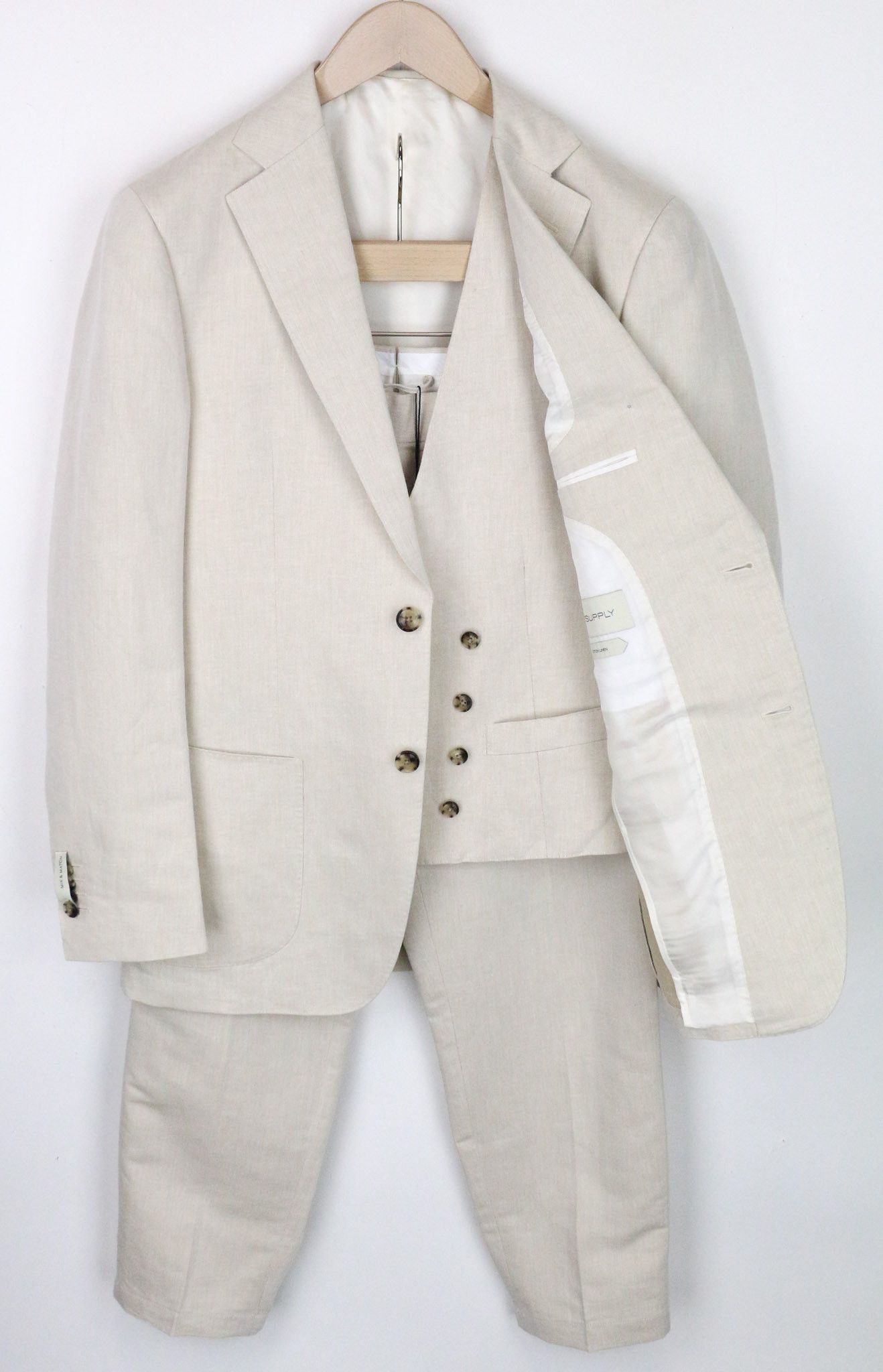 image of Suitsupply Havana Uk36R Beige Brown Linen Cotton 3Pc Suit 71623, Men's
