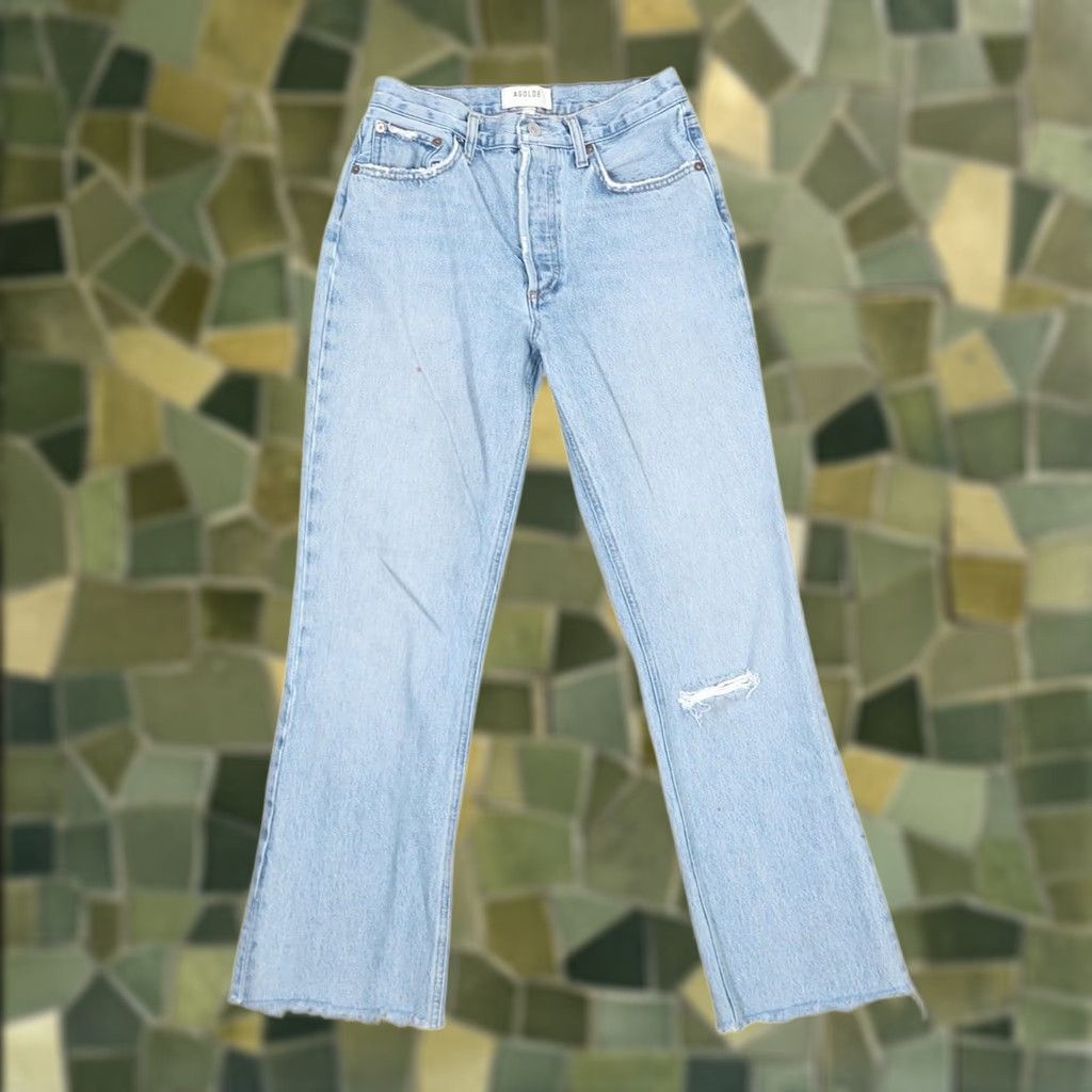 Agolde AGOLDE Jeans Light Wash Blue Denim Ripped Knee Straight Leg 25 Womens High Rise Button Fly Modern Clean Straight Size 42" / US 20 - 1 Thumbnail