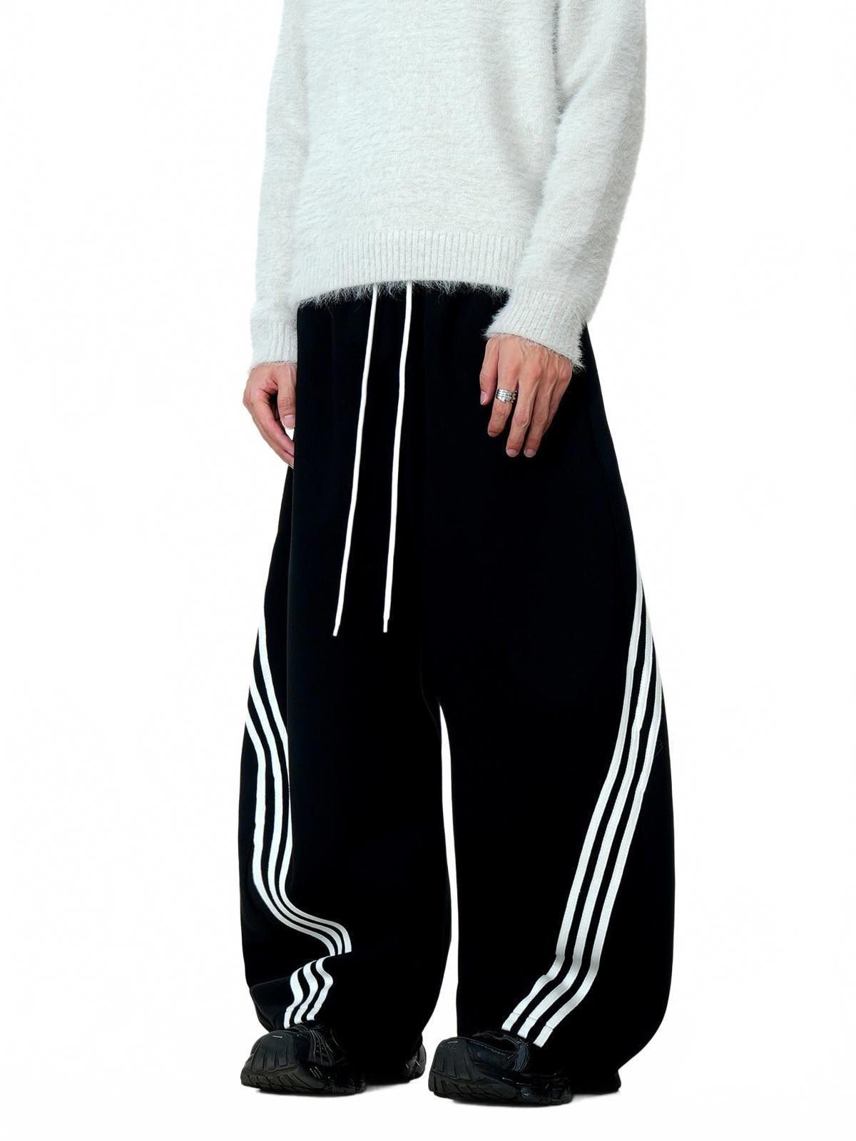 Vintage Black Wide Leg Casual Pants with Stripes, Loose Fit Pants Size US 32 / EU 48 - 1 Thumbnail