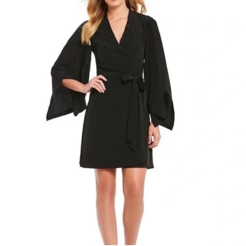 Halston Heritage Black Midi Dress with Classic Wrap Design - benaras.co