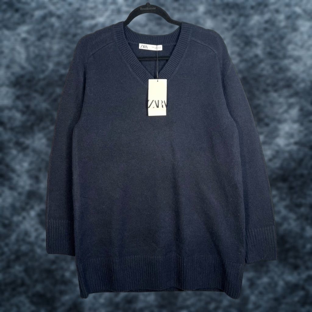 Zara ZARA Women Large Navy Blue V-Neck Sweater Pullover Long Sleeve Size L / US 10 / IT 46 - 1 Thumbnail
