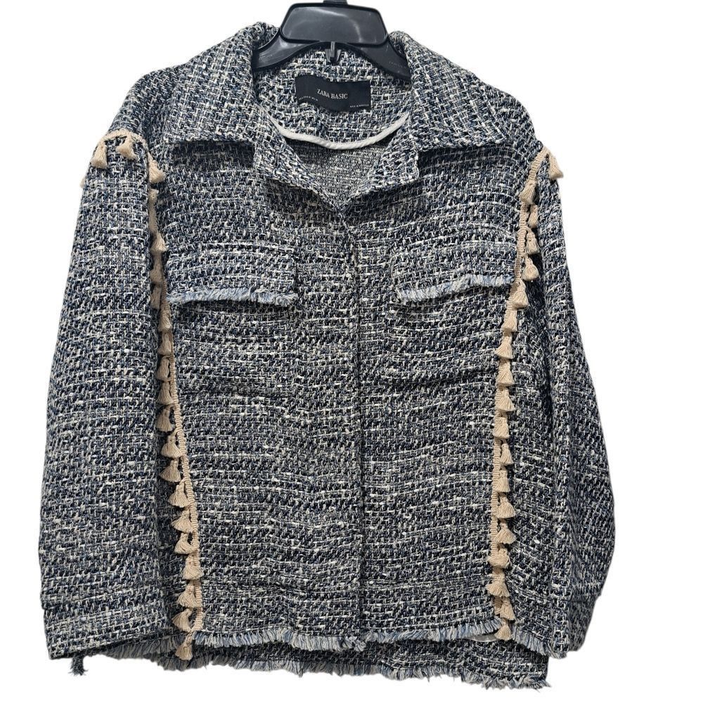 Zara Zara Tweed Jacket Boho Western Tassel Pockets Medium Blue/Wh Size M / US 6-8 / IT 42-44 - 3 Thumbnail