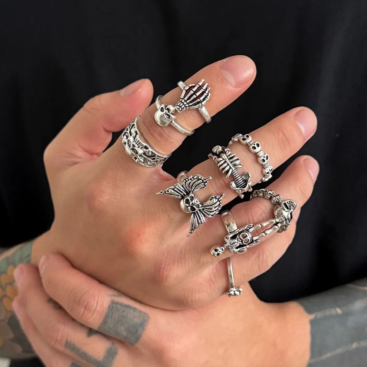 Vintage 9pcs Skull Head Ring Size ONE SIZE - 3 Thumbnail