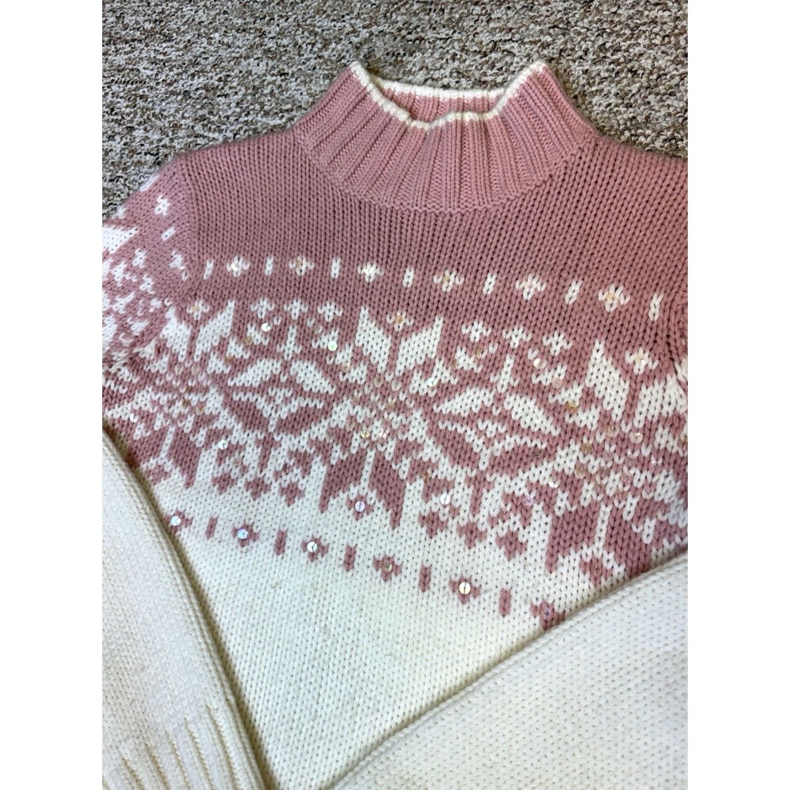 Vintage VINTAGE St John’s Bay Sweater Fair Isle Nordic Snowflake Long Sleeve Size Small Womens Pullover Mock Knit Rib Cuff Hem 90s Ski White & Pink Size S / US 4 / IT 40 - 2 Thumbnail