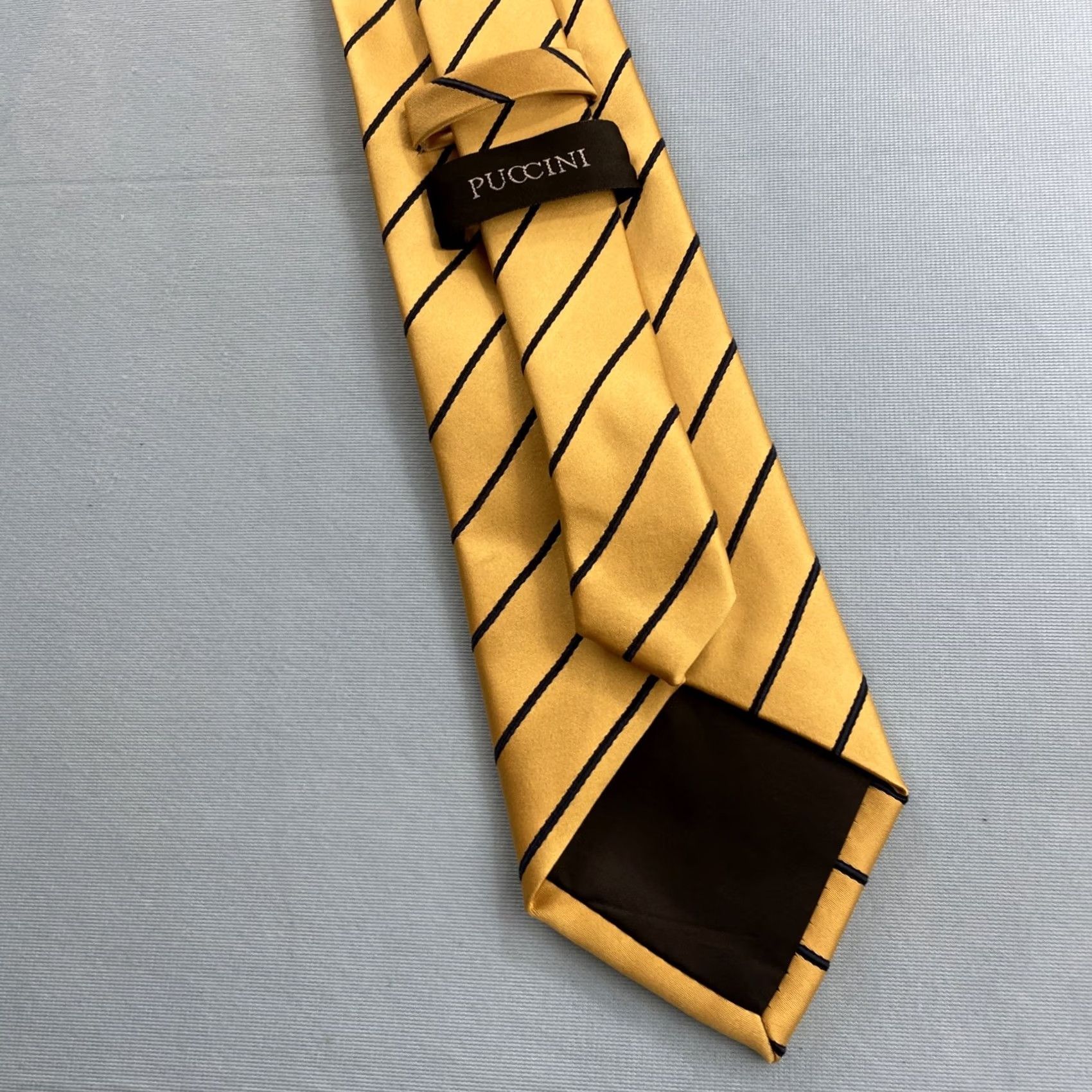 Vintage VINTAGE Puccini Necktie, Tie, 90s, Handmade, Microfiber Repp, Yellow Striped Blue, 3.5x62, Vintage, Boxer Cap? Size ONE SIZE - 5 Thumbnail