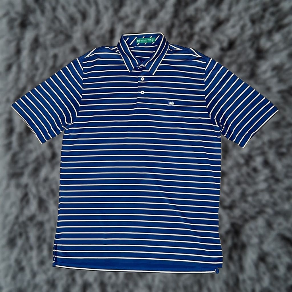 Southern Tide Southern Tide Club Performance Striped Polo Large Mens Navy Yellowish Cream Polo Shirt Size US L / EU 52-54 / 3 - 1 Thumbnail