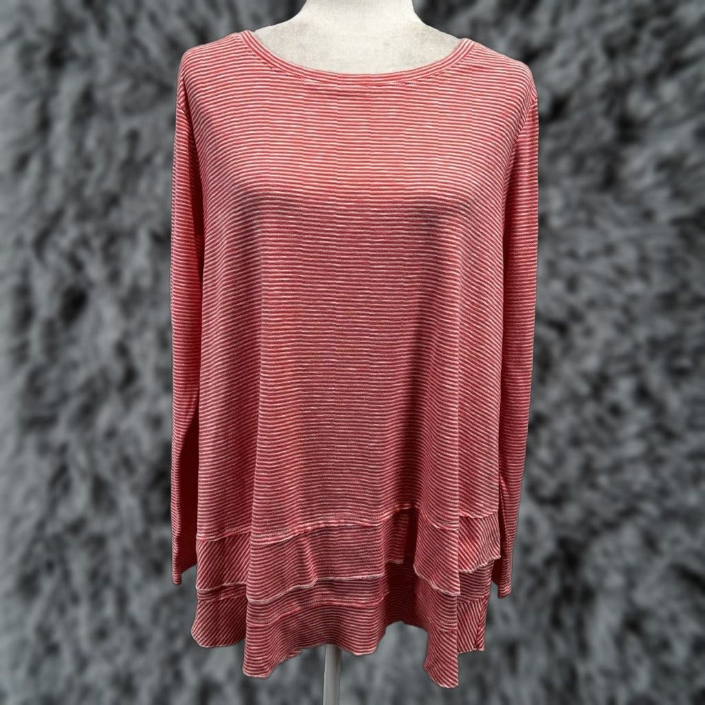 Soft Surroundings SOFT SURROUNDINGS Striped Tunic Ruffle Detail Long Sleeve T-Shirt Coral Pink Multicolor Adult Large Womens Size L / US 10 / IT 46 - 1 Thumbnail