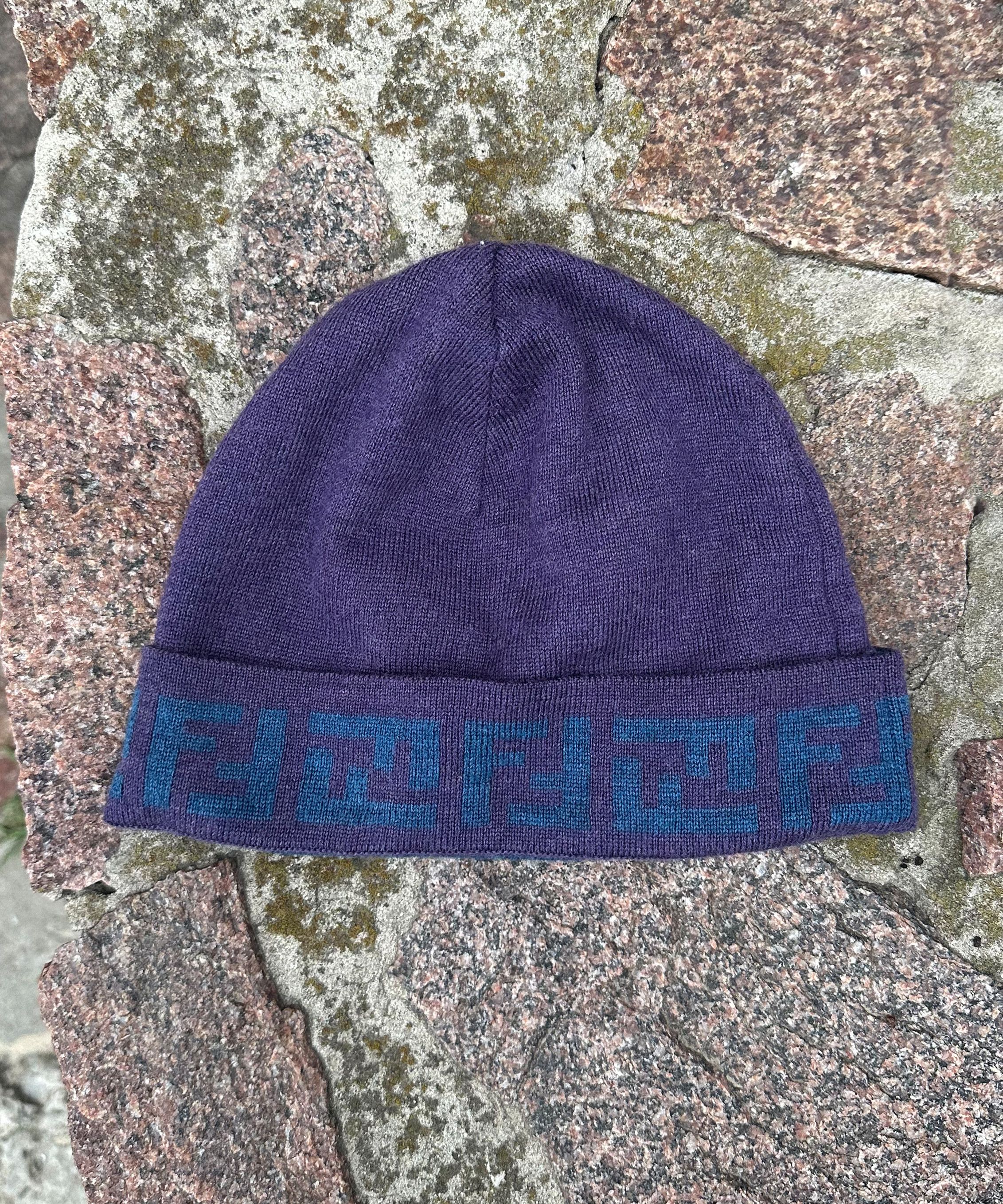 Fendi FENDI Hat Wool Purple Blue Zucca FF Logo Beanie Size ONE SIZE - 1 Thumbnail