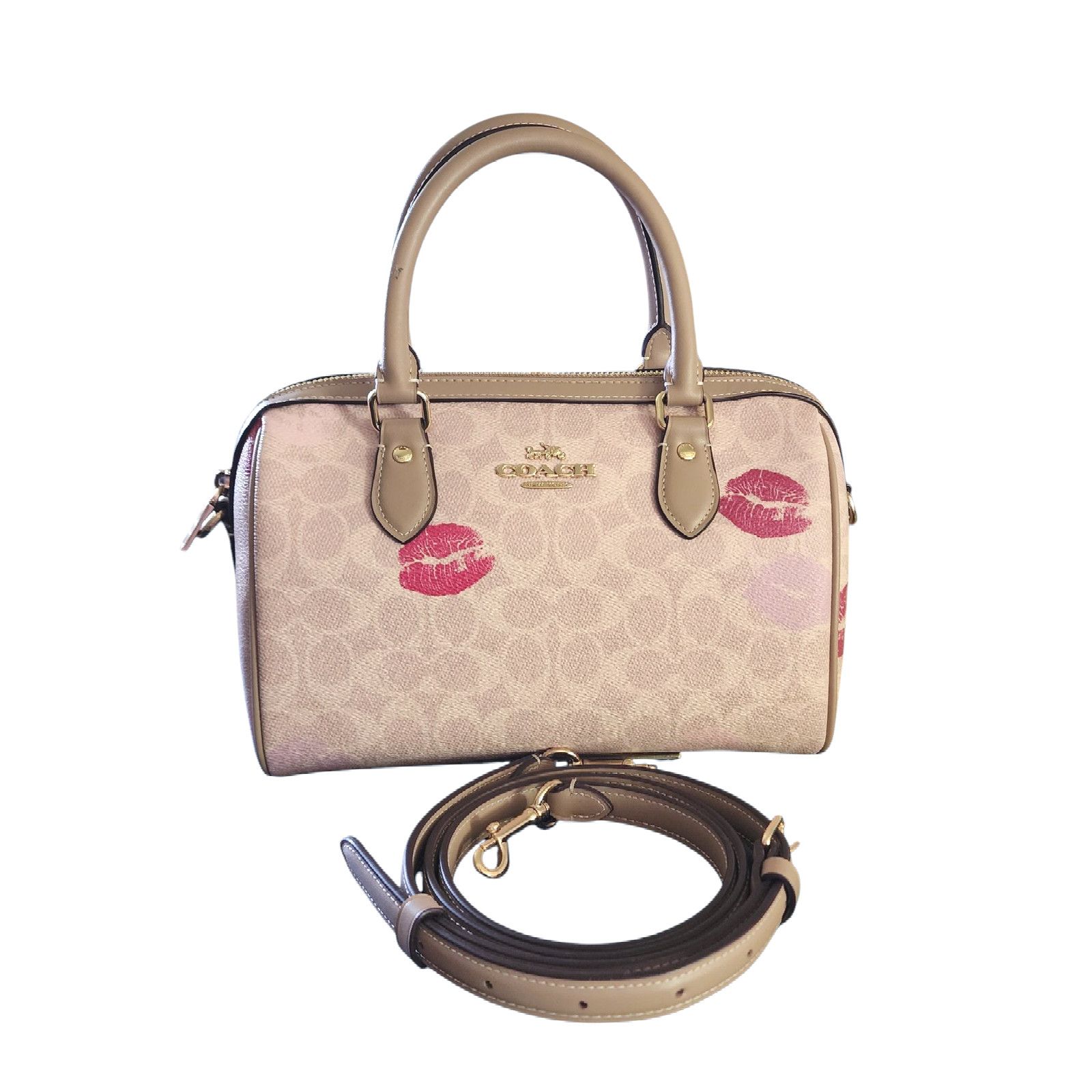 Coach Rowan Satchel Shoulder Bag With Lips in Beige, Women's