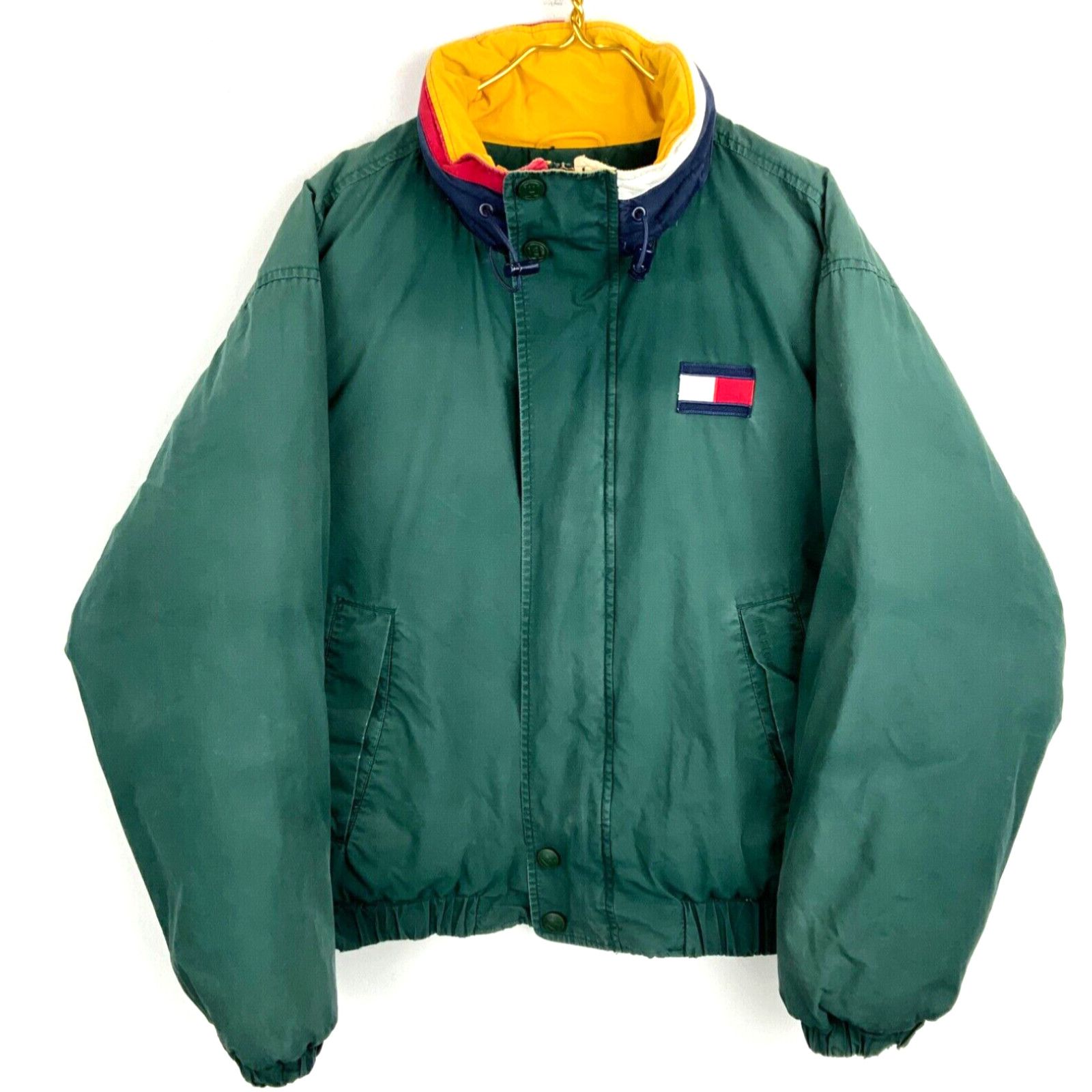 image of Vintage Tommy Hilfiger Full Zip Down Jacket Size Medium Green Stow Away Hood in White, Men's