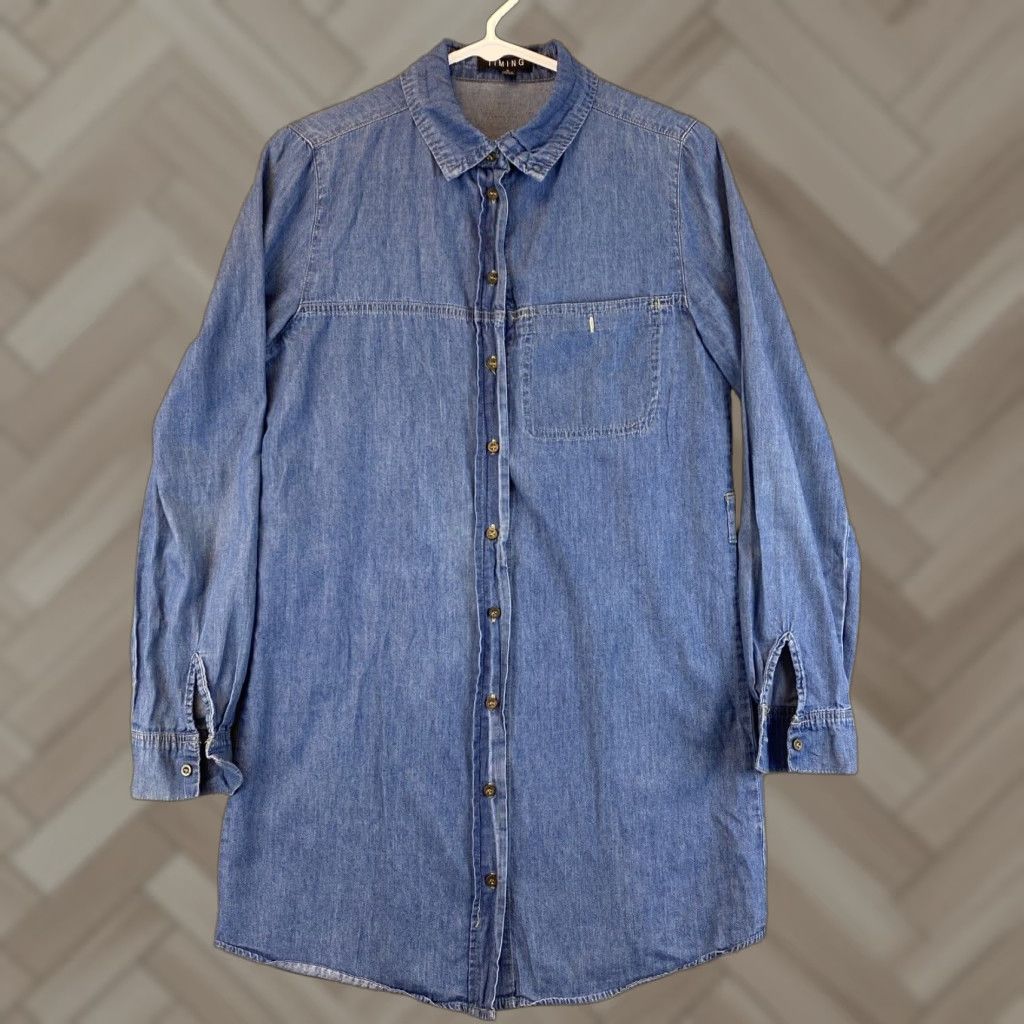 Denime Timing Denim Button-Up Shirt Dress Women’s Size S Blue Casual Long Sleeve Oversized Preppy Size S / US 4 / IT 40 - 1 Thumbnail
