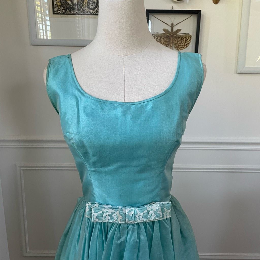Vintage Vintage 60s Turquoise Blue Ivory Lace Fit & Flare Dress Shru Size XS / US 0-2 / IT 36-38 - 13 Thumbnail