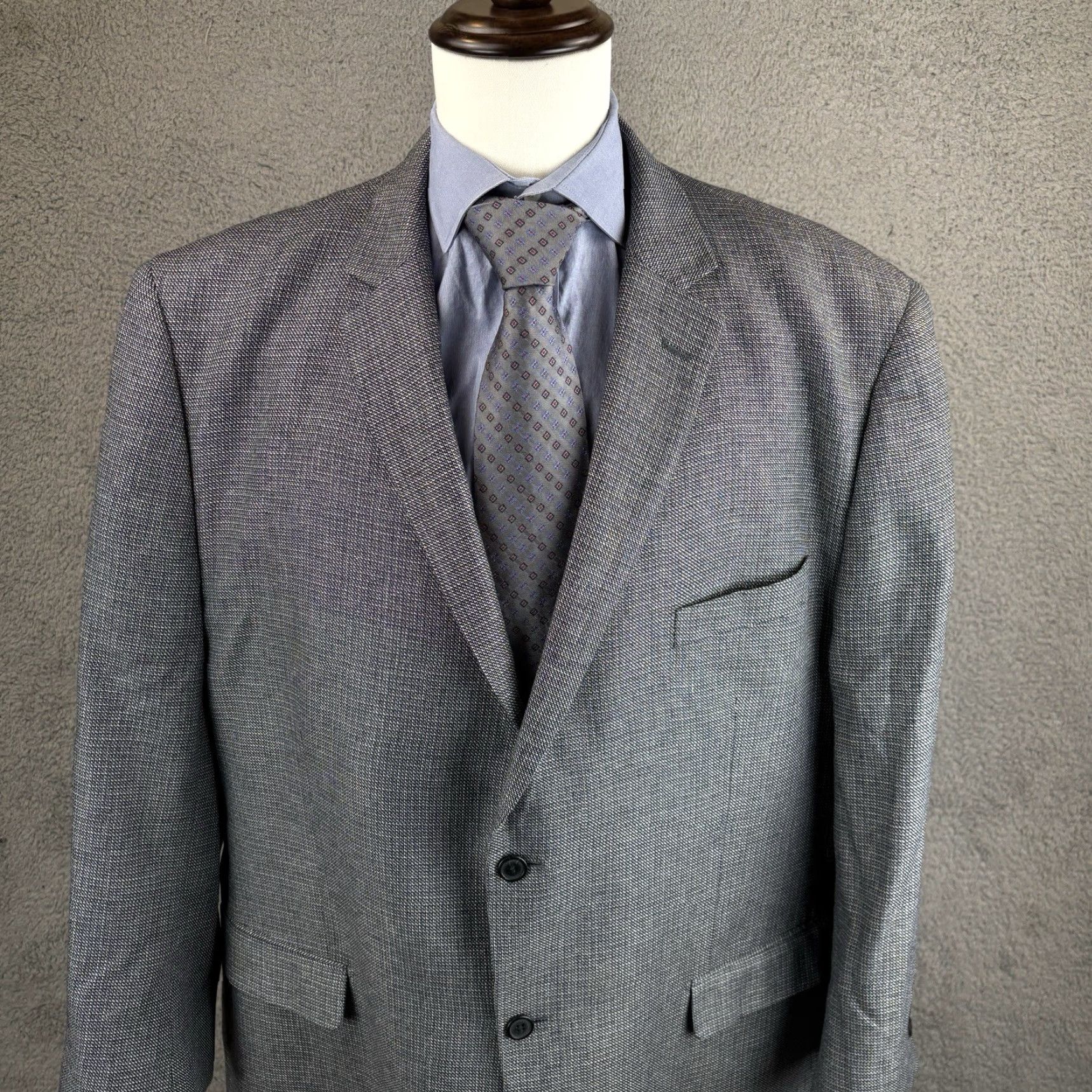 Vintage VINTAGE Haines & Bonner Blazer Men 2XLT 50L-52L Gray Silk Tweed Notch Lapel Double-Vented Long Geometric London 100% Silk Sport Coat Blazer Mens Size 50R - 3 Thumbnail