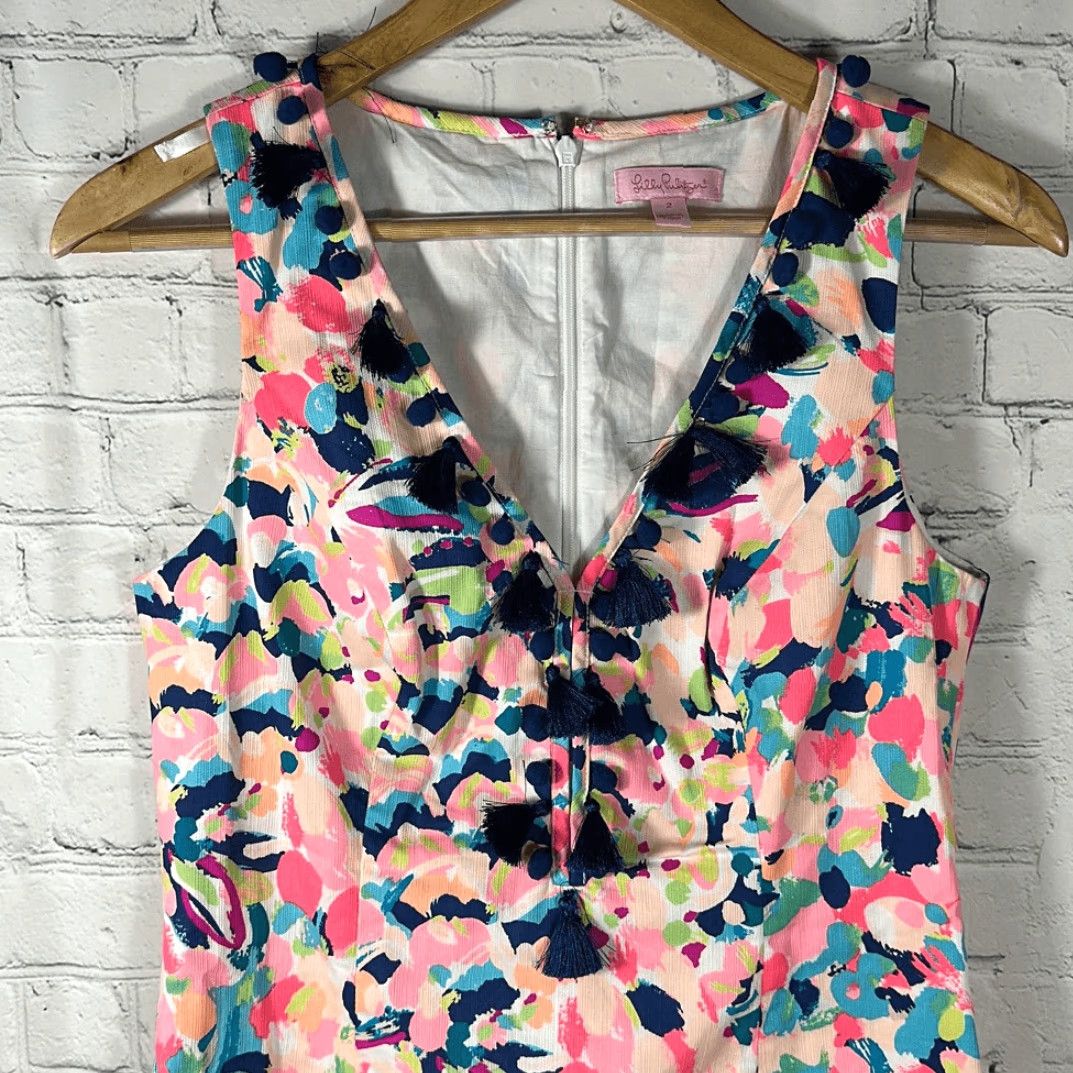 Lilly Pulitzer VINTAGE Lilly Pulitzer Cabrey Shift Dress MULTI PINA COLADA CLUB Pink Navy Size 4 Womens Midi Shift Dress 32" Length Size S / US 4 / IT 40 - 2 Thumbnail