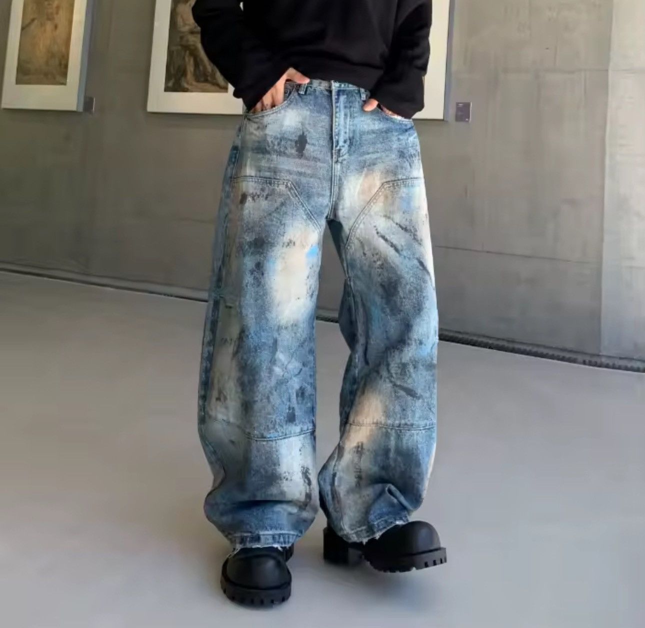 Jean Trendy Baggy Printed Streetwear Straight Washed Jeans Size US 32 / EU 48 - 1 Thumbnail