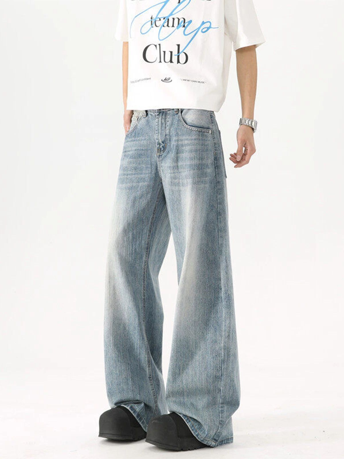 Jean Men's all-match casual loose wide-leg washed blue jeans Size US 32 / EU 48 - 4 Thumbnail