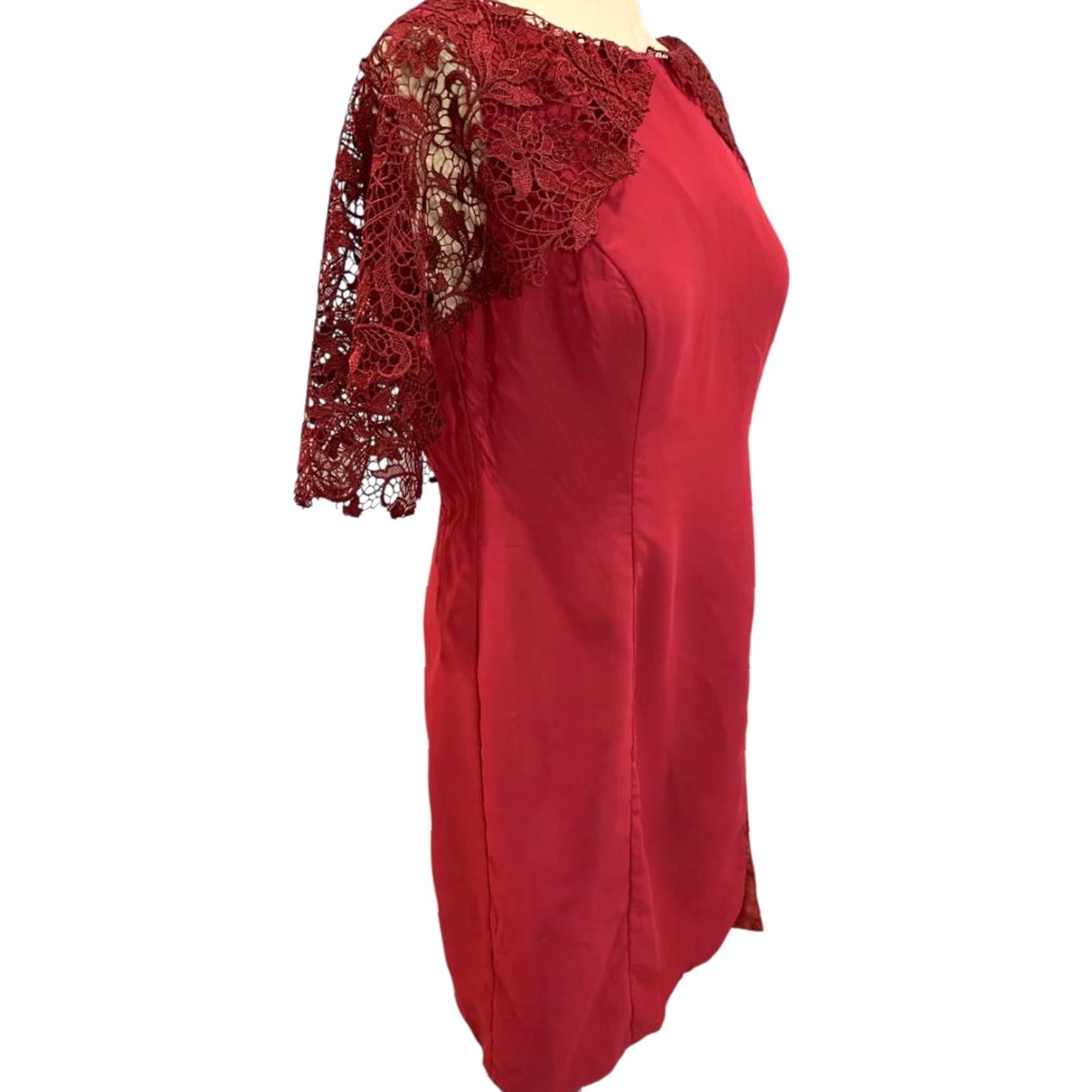 Vintage A.W. Bridal Dress Sheath Size 14 Women Long Burgundy Red Lace Overlay Sleeve Dark Red Wine Burgundy Size XL / US 12-14 / IT 48-50 - 3 Thumbnail