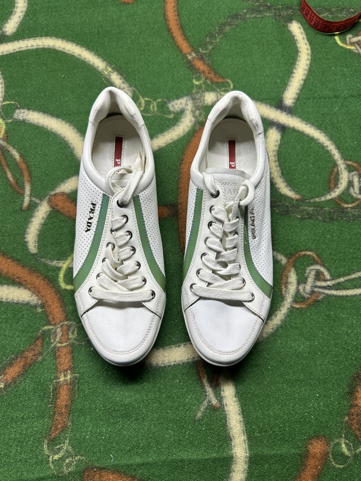 Prada Prada Milano White Green Perforated Leather Sneakers 36,5 Size US 6.5 / IT 36.5 - 1 Thumbnail