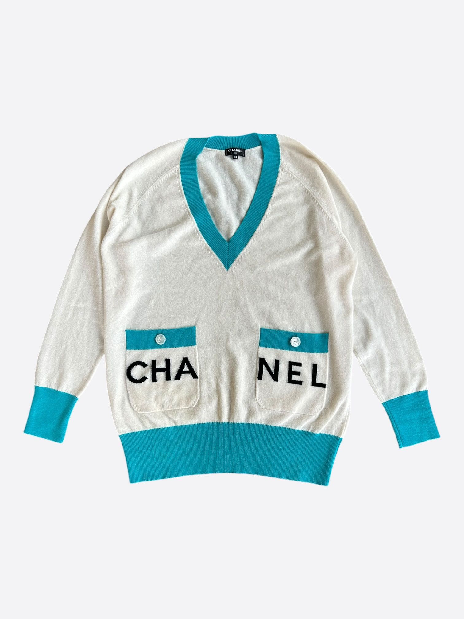 Chanel Chanel White & Turquoise La Pausa Women's Sweater Size M / US 6-8 / IT 42-44 - 1 Thumbnail