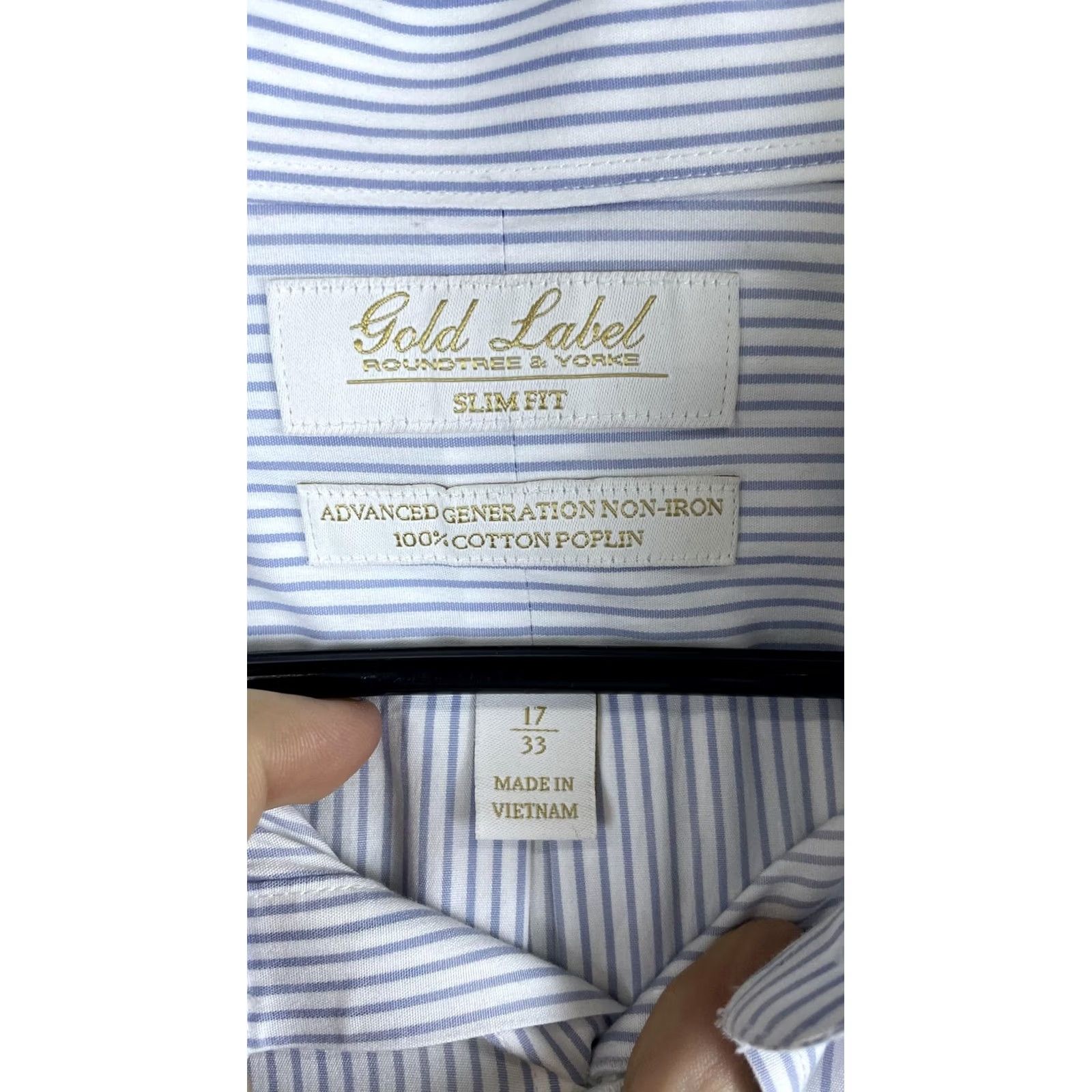 Roundtree & Yorke Roundtree & Yorke Gold Label Dress Shirt Mens 17 33 Blue Striped Slim Non Iron Size 46R - 2 Thumbnail