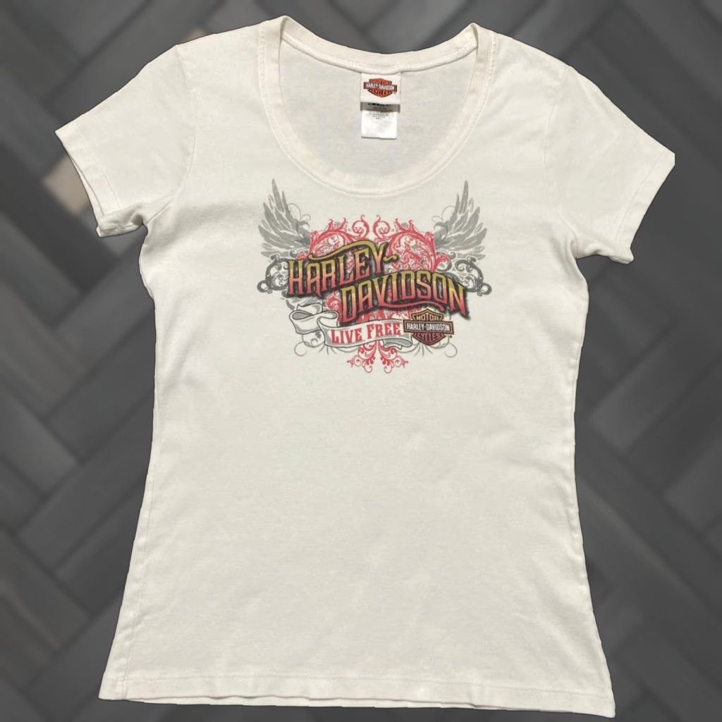 Harley Davidson Harley-Davidson Live Free Womens T Shirt L White Graphic Print Tee Casual Short Sleeve Scoop Neck Pullover Cotton Knit Classic Fit US Made City Limits Size L / US 10 / IT 46 - 1 Thumbnail