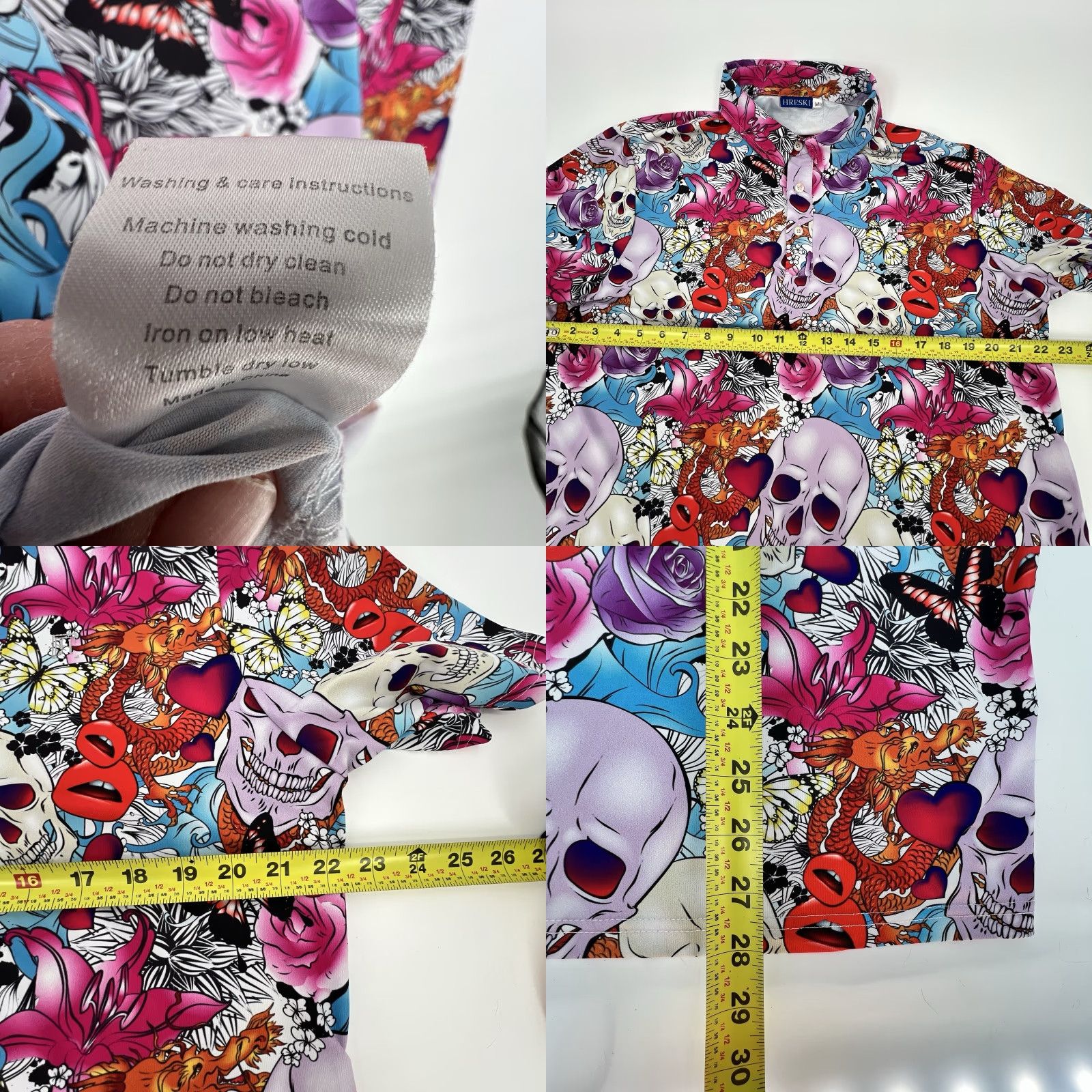 Vintage HRESKI Polo Golf Shirt Mens Size M Pink Graphic Print Skulls Roses Dragon Size US M / EU 48-50 / 2 - 8 Thumbnail