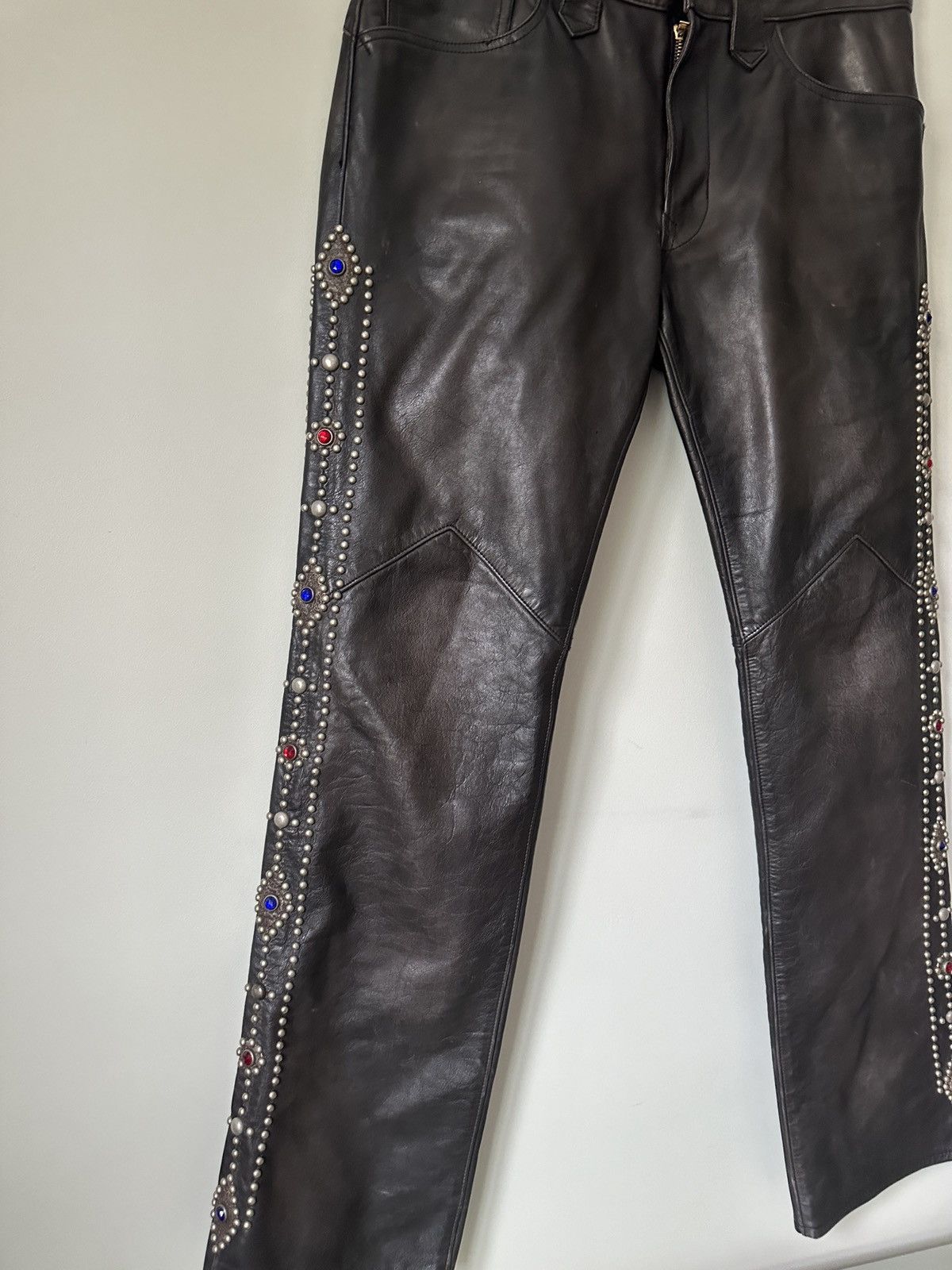 RRL Ralph Lauren Double RL Bejewelled Leather Pants Size US 33 - 1 Thumbnail