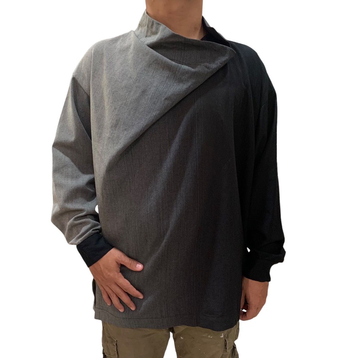 image of Vintage 80's Issey Miyake Assymetric Shirts in Grey/Black, Men's (Size Medium)
