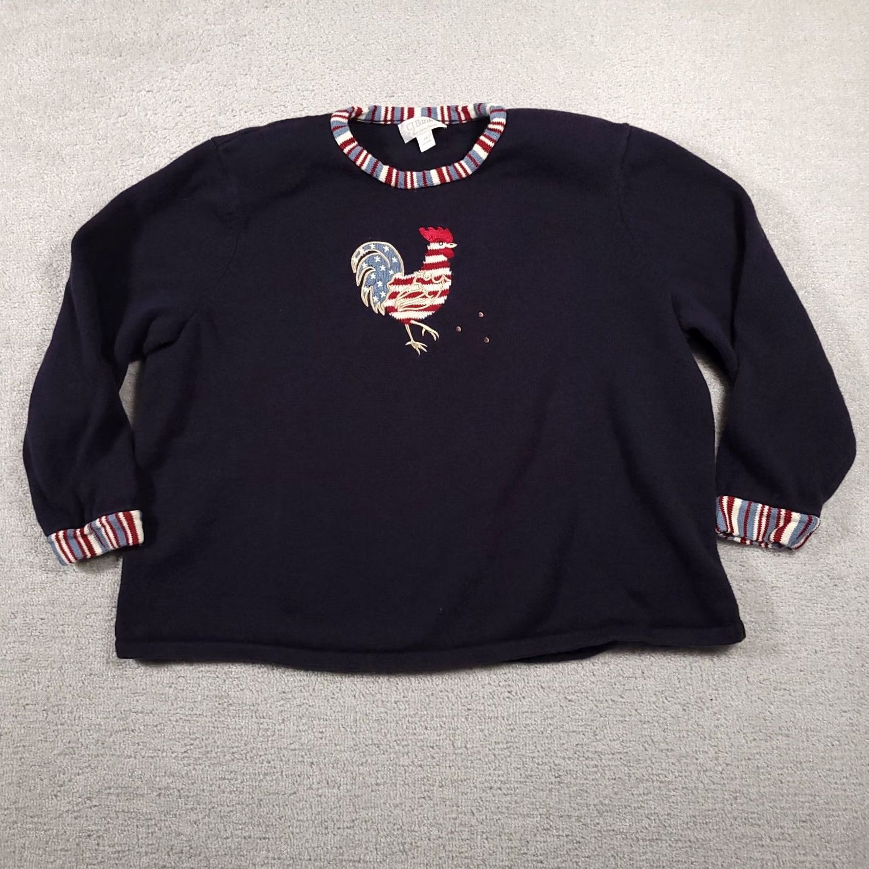 Vintage Christopher & Banks Rooster Red White Blue Patriotic Flag Womens Plus Sweater 3X Cotton Knit Size XXL / US 16-18 / IT 52-54 - 2 Thumbnail