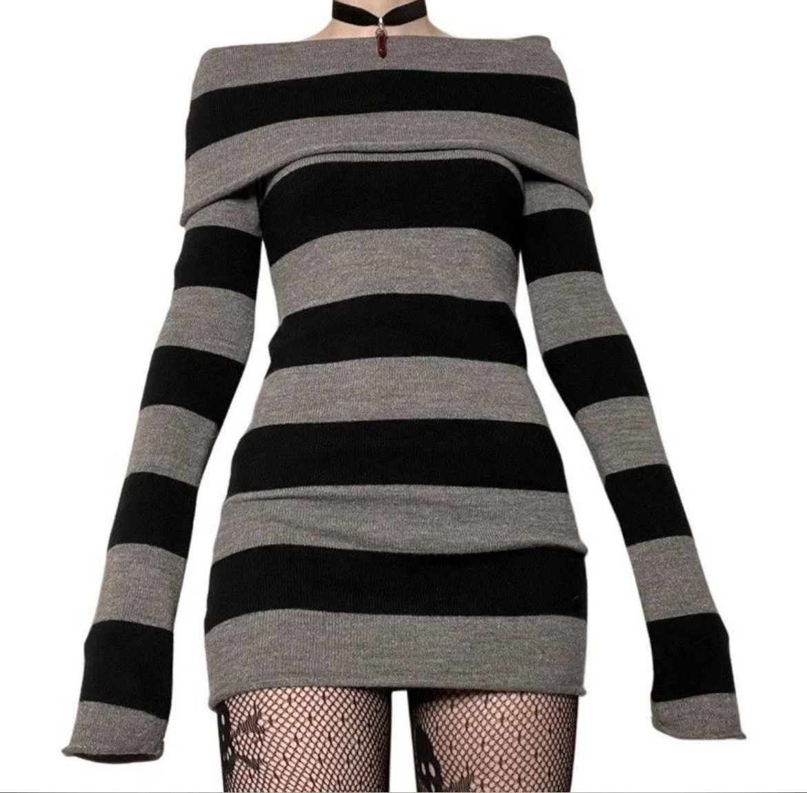 Japanese Brand × Vintage Y2K Striped New Sweater Mini Dress Goth Grunge Slim Fit Size L / US 10 / IT 46 - 3 Thumbnail