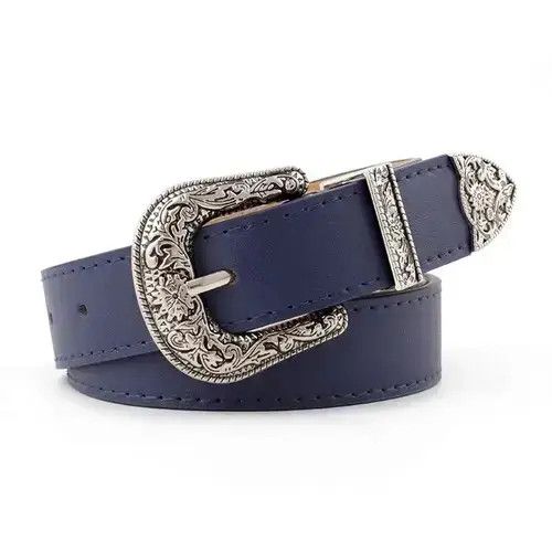 Genuine Leather Women Black Retro Pin Buckle Belt Vintage Carved Belt Size ONE SIZE - 1 Thumbnail