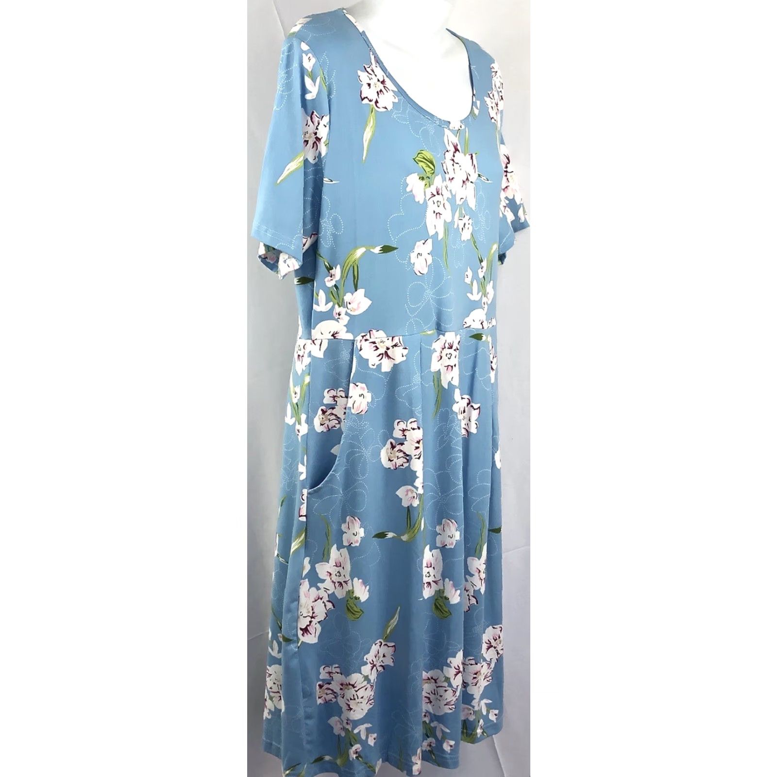 Vintage Auselily Dress XL Blue Floral Shift Pockets Pleated Casual Summer Women Size XL / US 12-14 / IT 48-50 - 2 Thumbnail