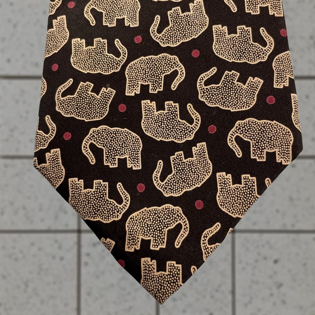 Perry Ellis Perry Ellis Portfolio Vtg Italy Silk Tie Elephant MCM Art Deco Dots Black Yellow Red Wall/Geometric Pattern Tie Mens Size One Size Size ONE SIZE - 1 Thumbnail