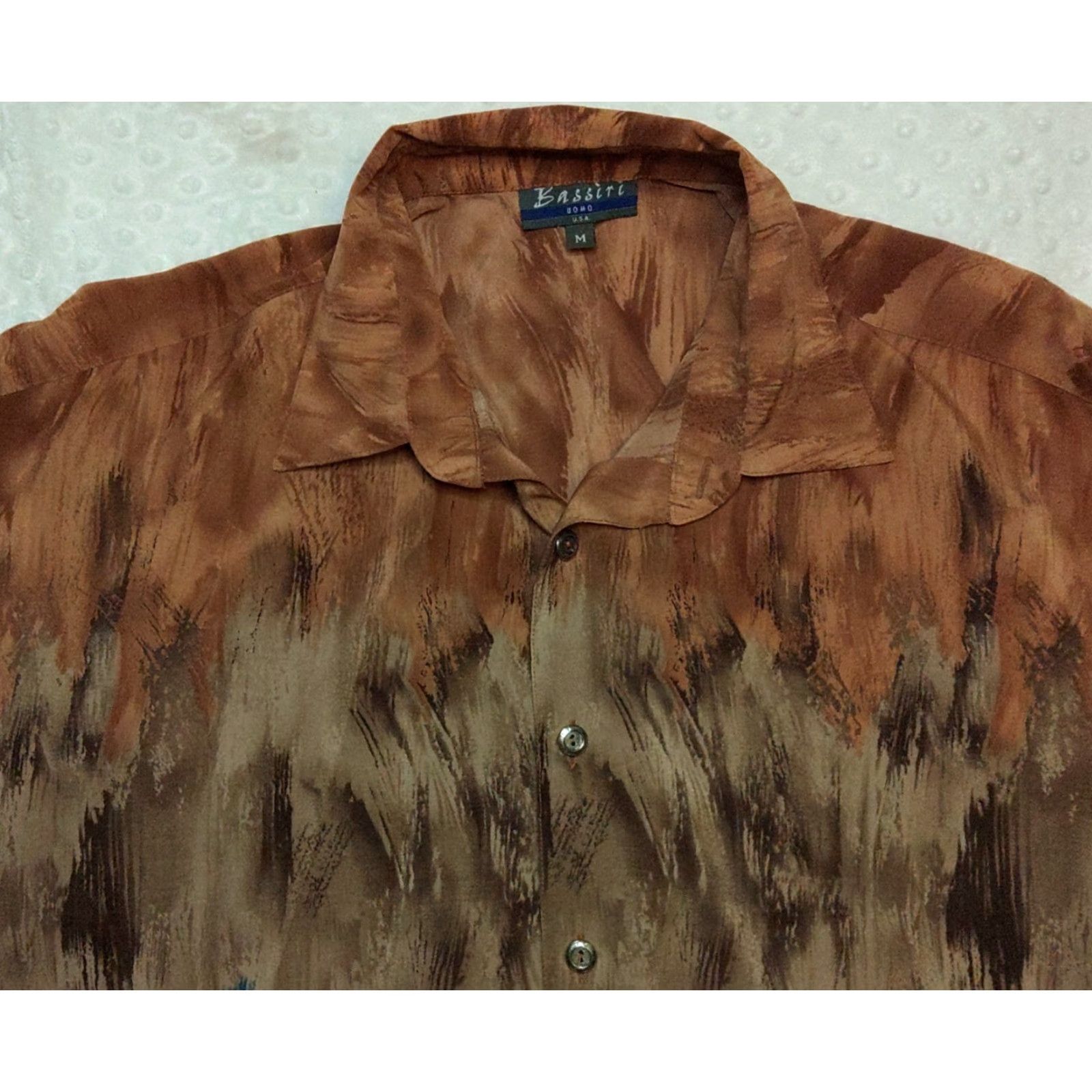 Vintage Bassiri Uomo Vtg Geometric Shirt Men M Button-Up Blue Brown Polyester Microfiber Short Sleeve Casual Business Size US M / EU 48-50 / 2 - 4 Thumbnail