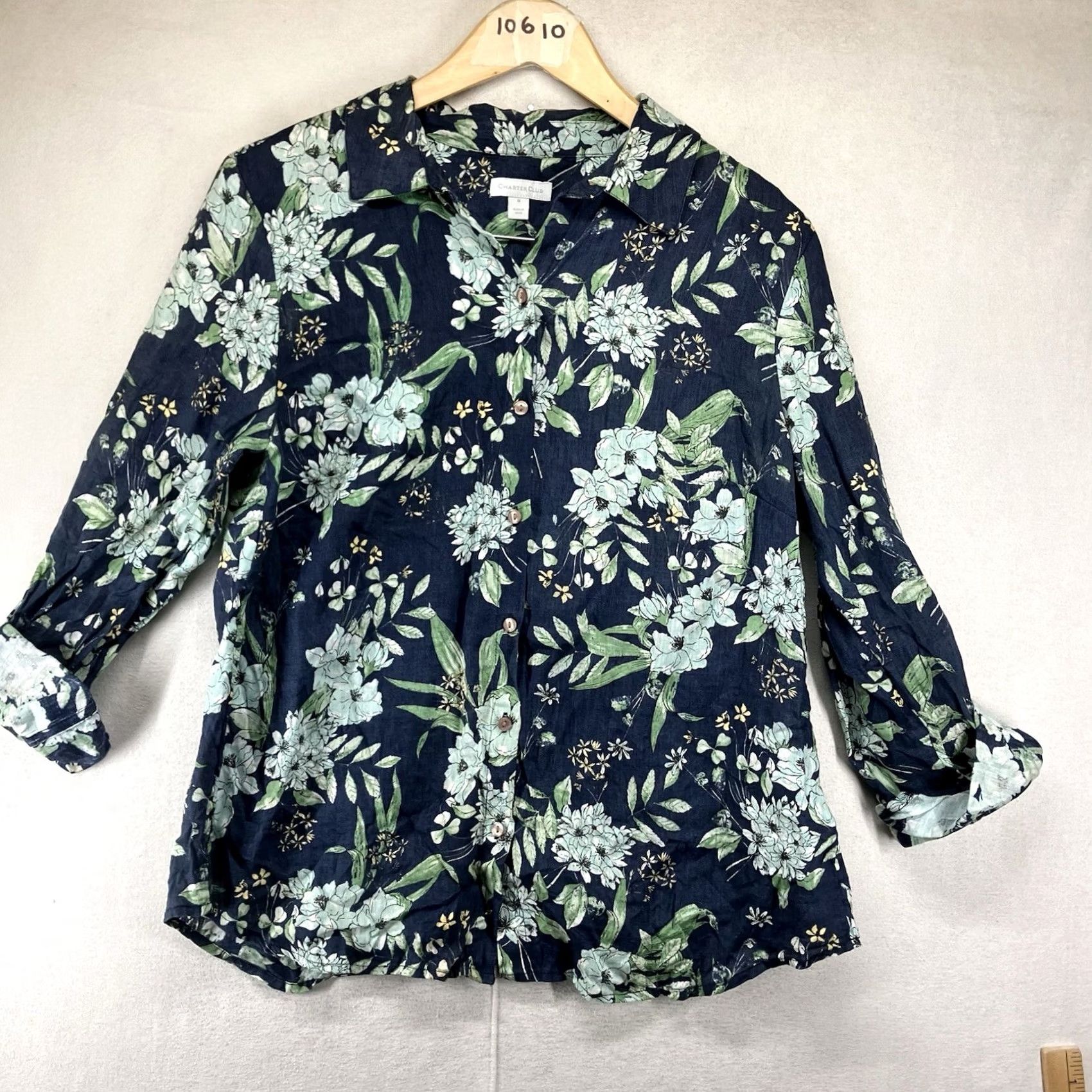 Charter Club Charter Club Women's Button Front Top Linen Roll Tab Sleeve Floral Blue M IP Size M / US 6-8 / IT 42-44 - 2 Thumbnail