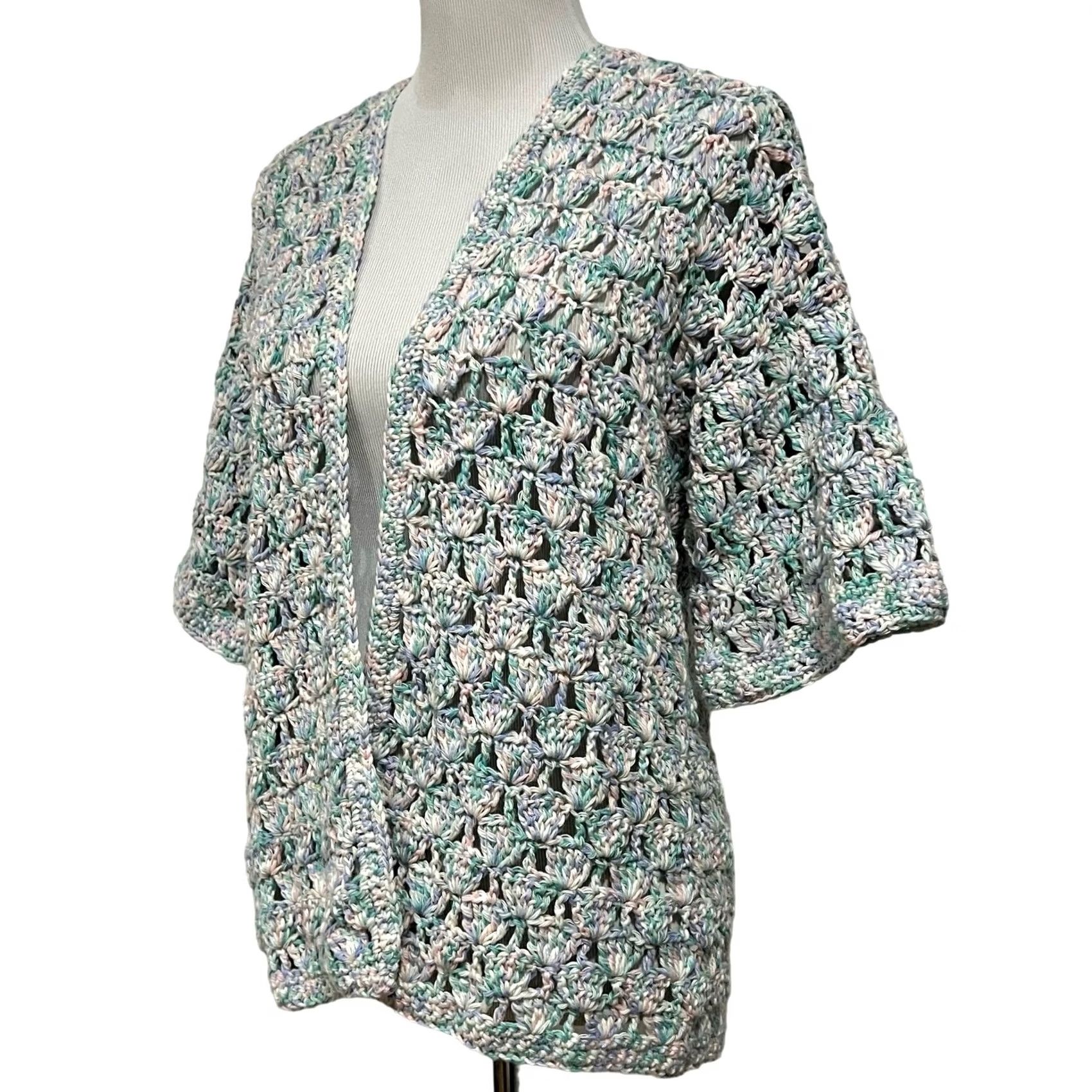 MadeMe Crochet Cardigan Granny Stitch Handmade Sweater Short Sleeve Cotton Women’s Sz L Size L / US 10 / IT 46 - 3 Thumbnail