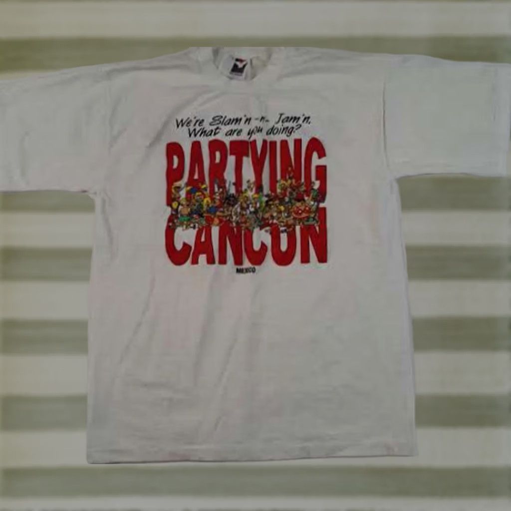 Vintage Slam'n&Jam'n Cancun Cartoon Party T-Shirt size L White 1995 single stitch Men Size US L / EU 52-54 / 3 - 1 Thumbnail