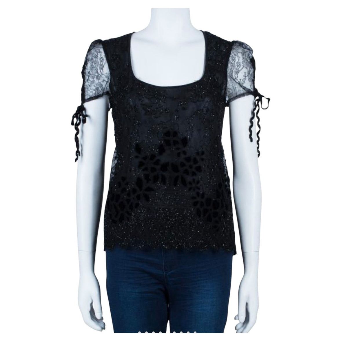 Valentino Valentino Black Beaded Square Neck Sheer Short Sleeve Top Size M / US 6-8 / IT 42-44 - 1 Thumbnail