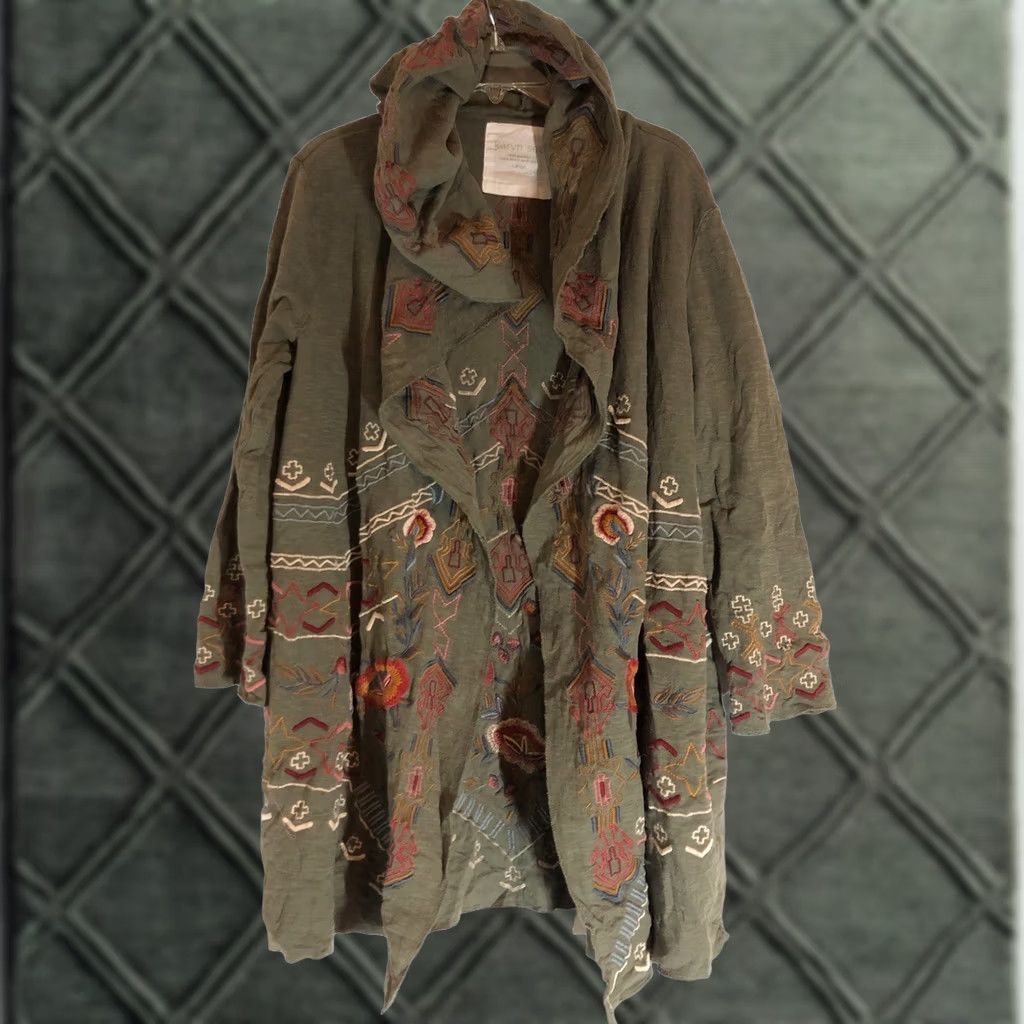 Anthropologie VINTAGE Karyn Seo Anthropologie Embroidered Jacket Cardigan Hooded Green Large Women's Jacket Size L / US 10 / IT 46 - 1 Thumbnail