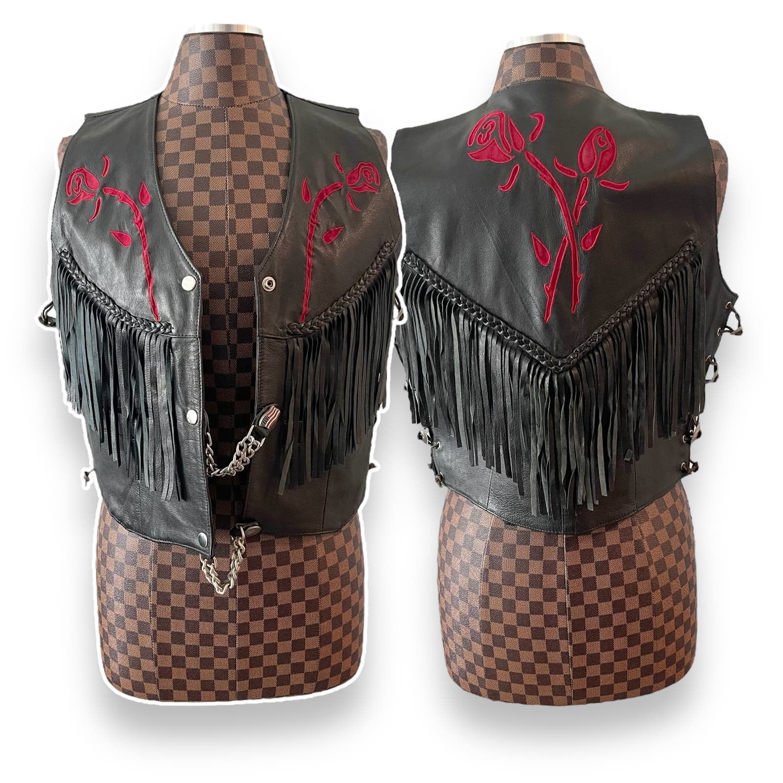 Vintage Pegasus Ladies Black Leather Vest Fringed Embroidered 14 Size XL / US 12-14 / IT 48-50 - 1 Preview