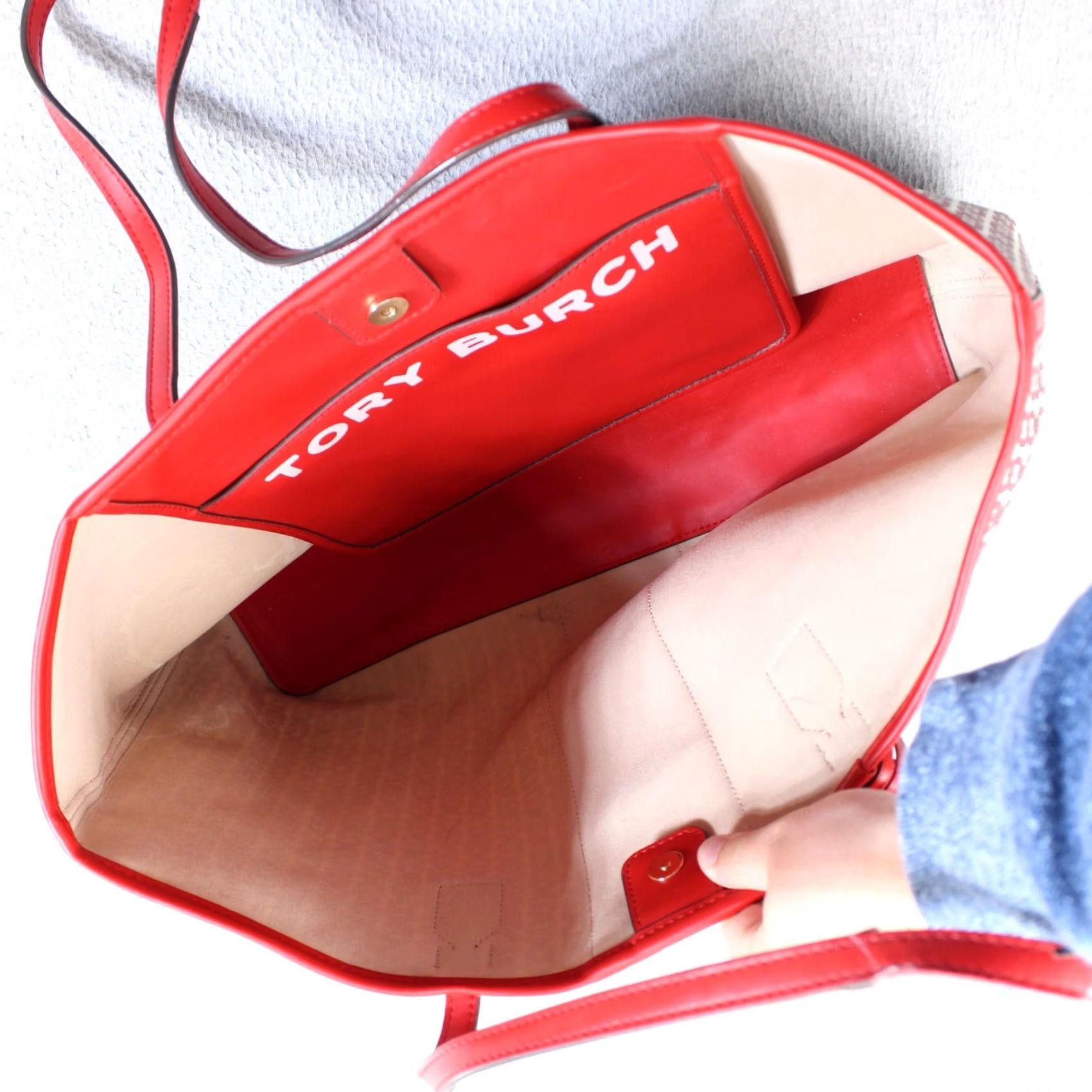 Tory Burch Tory Burch Tote Bag Women Large Red Leather Canvas Purse Luxury Carryall READ Size ONE SIZE - 3 Thumbnail