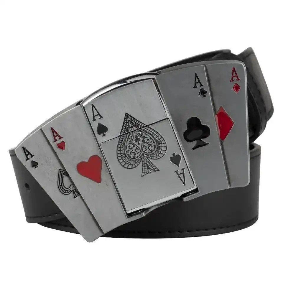 image of Poker Buckle With Lighter Pu Leather Belt in White, Men's