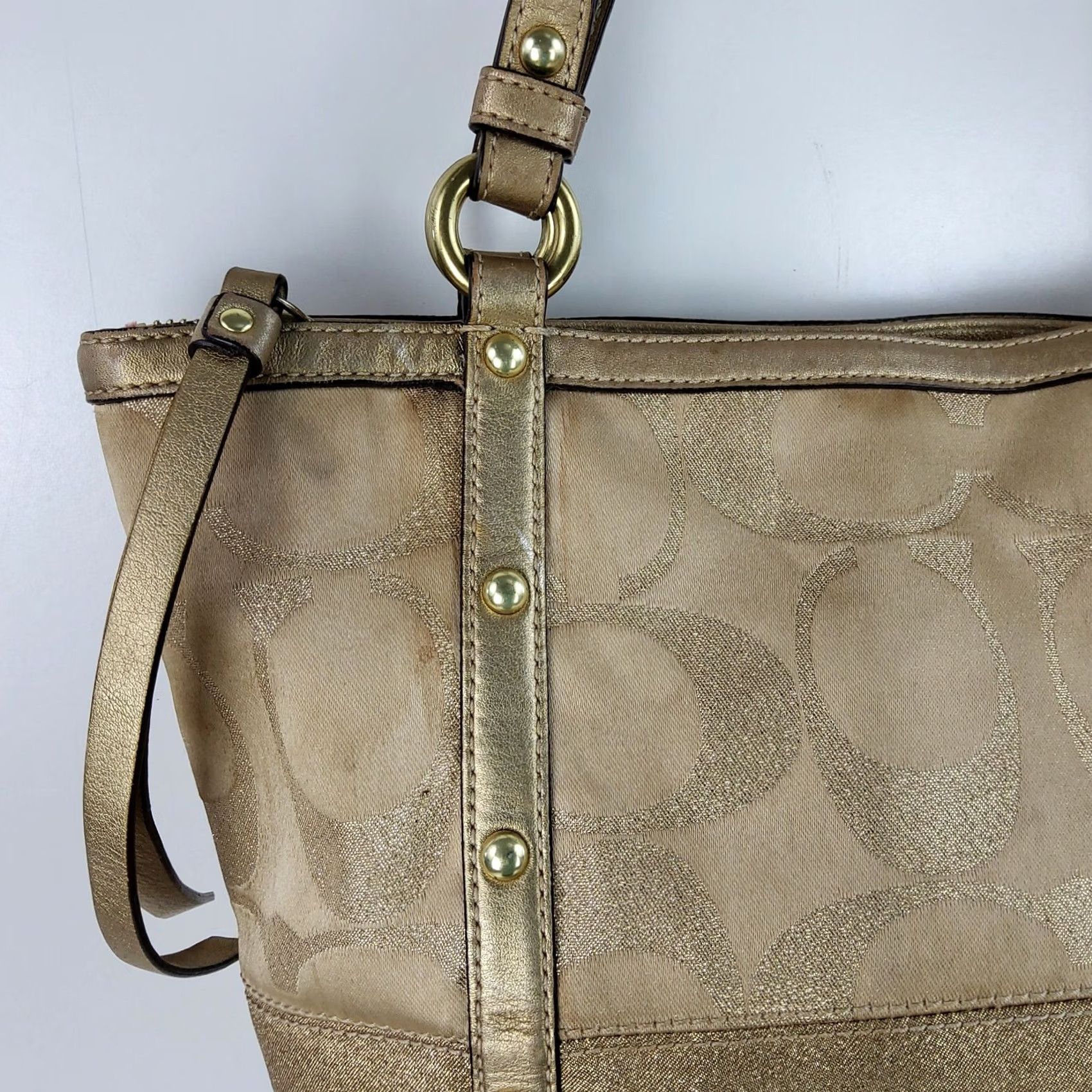 Coach Coach Signature Stripe Studded Lurex Tote Gold 12905 Shoulder Handbag Purse, Medium, Women, Tote, Gold, Striped, Bag Charm Size ONE SIZE - 7 Thumbnail